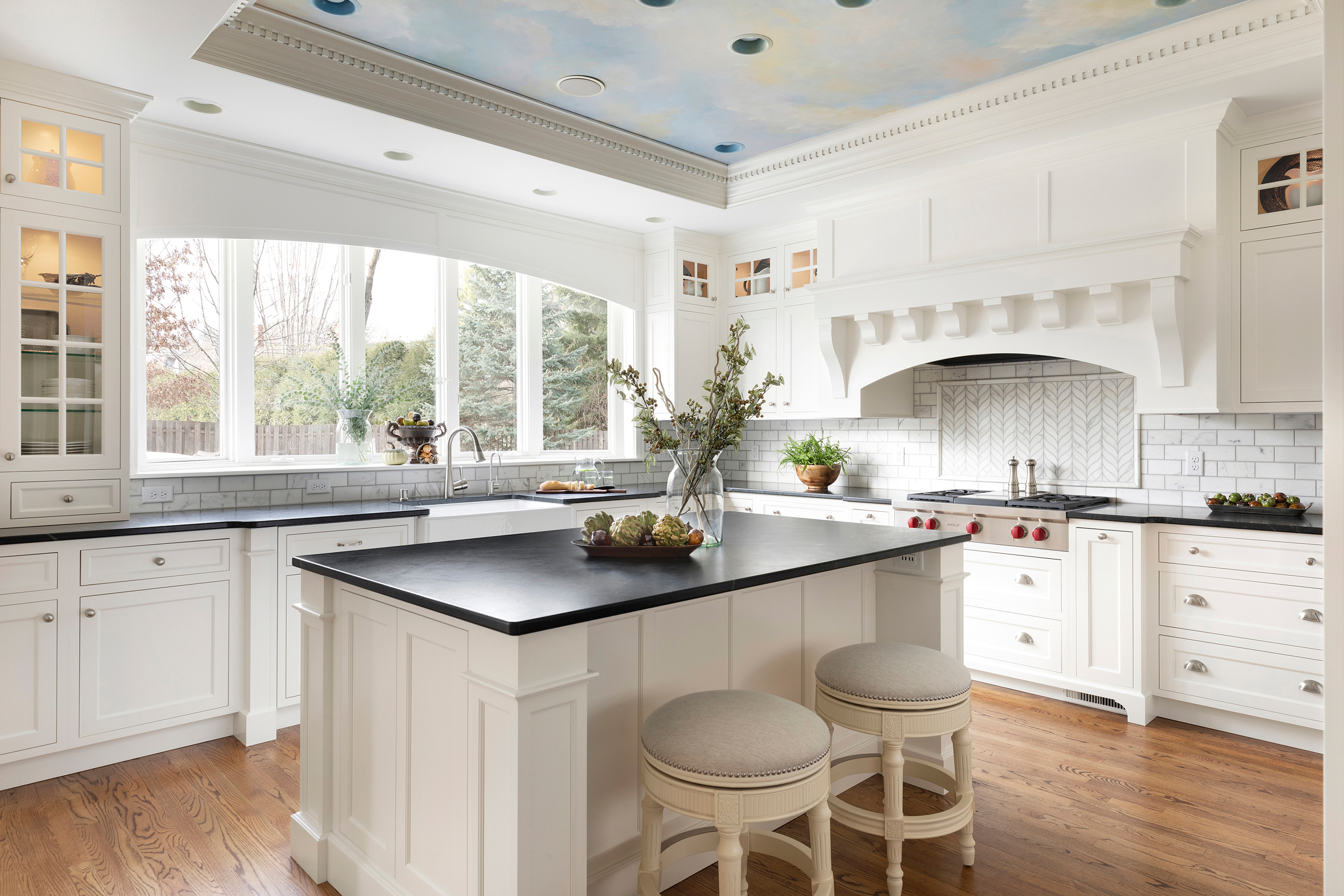 Beautiful White Kitchen With Ceiling Mural