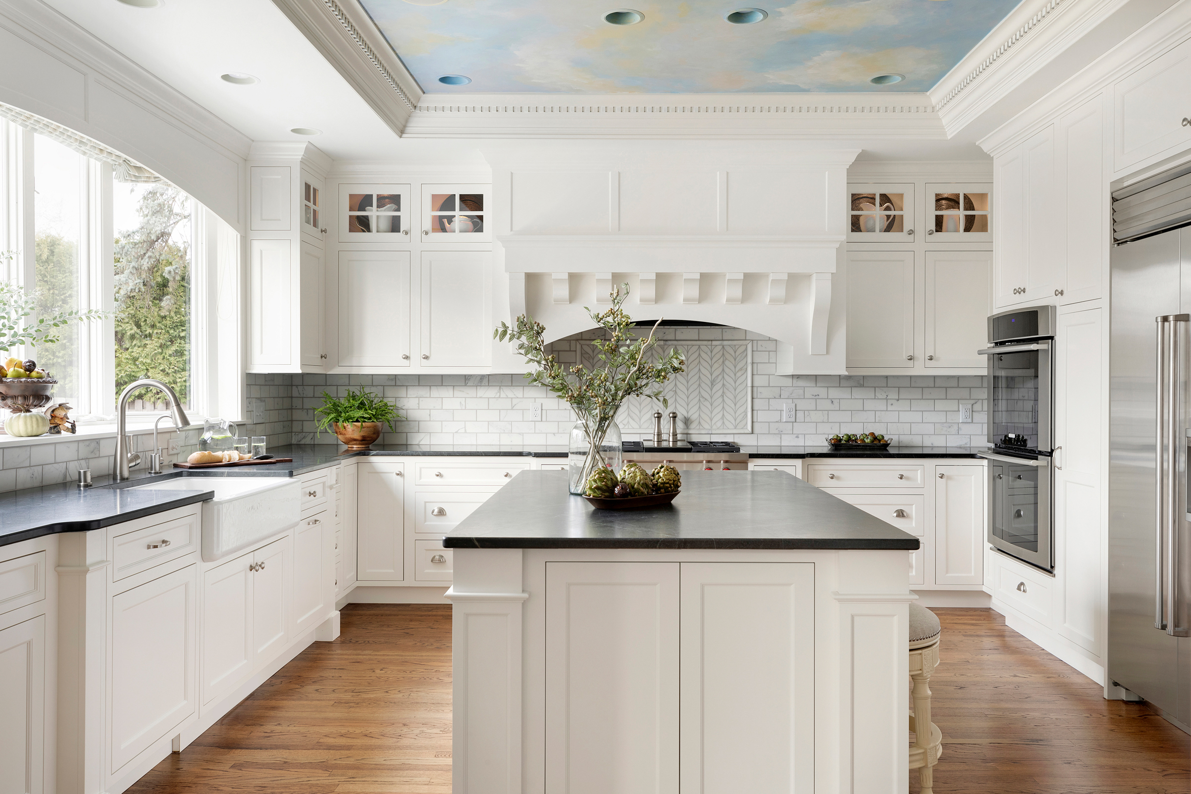 Beautiful White Kitchen With Ceiling Mural