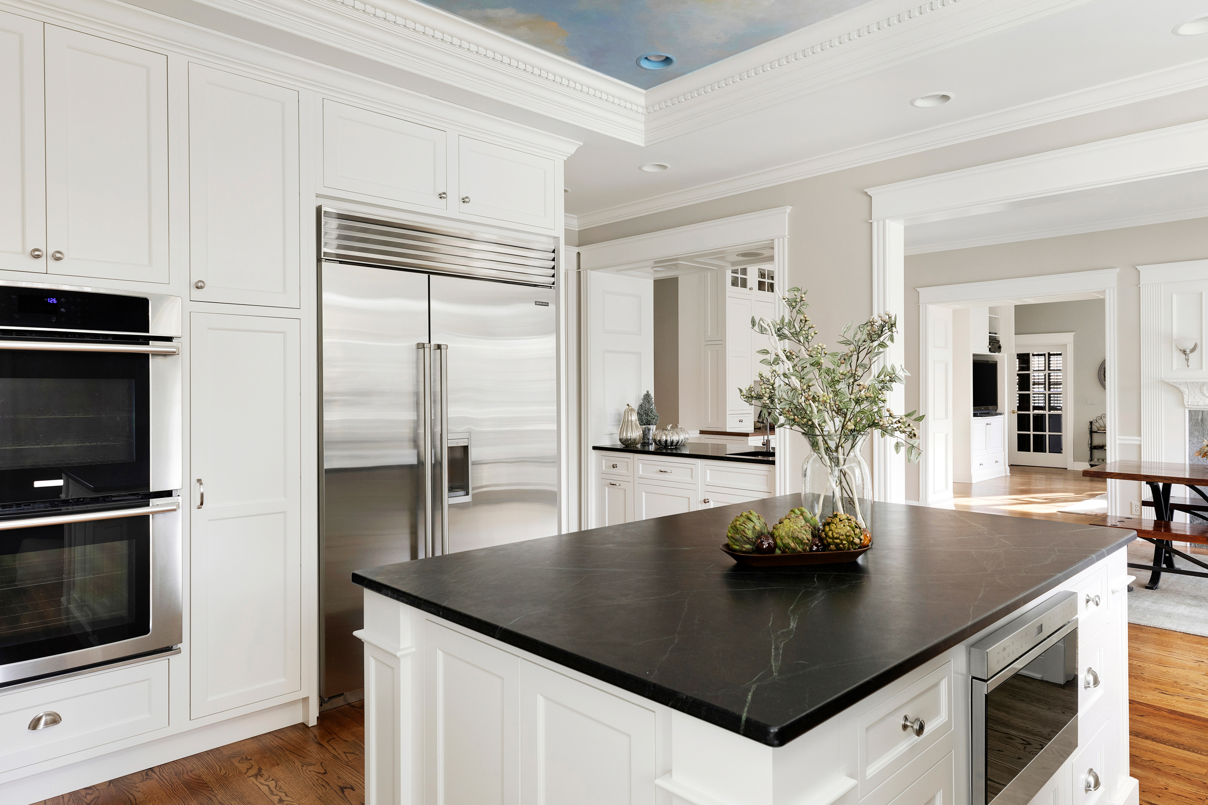 Beautiful White Kitchen With Ceiling Mural