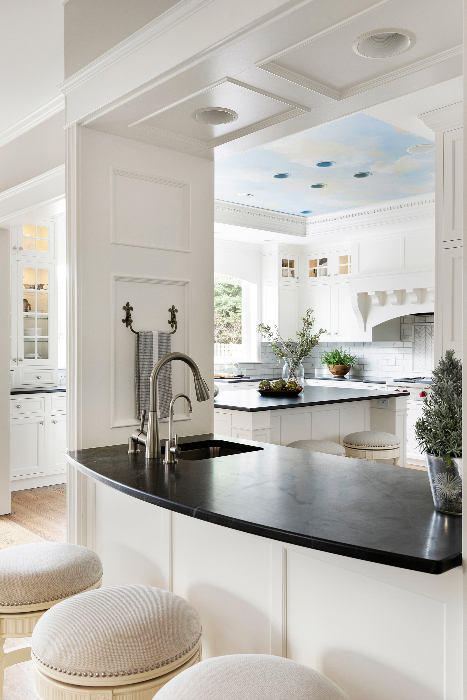 Beautiful White Kitchen With Ceiling Mural