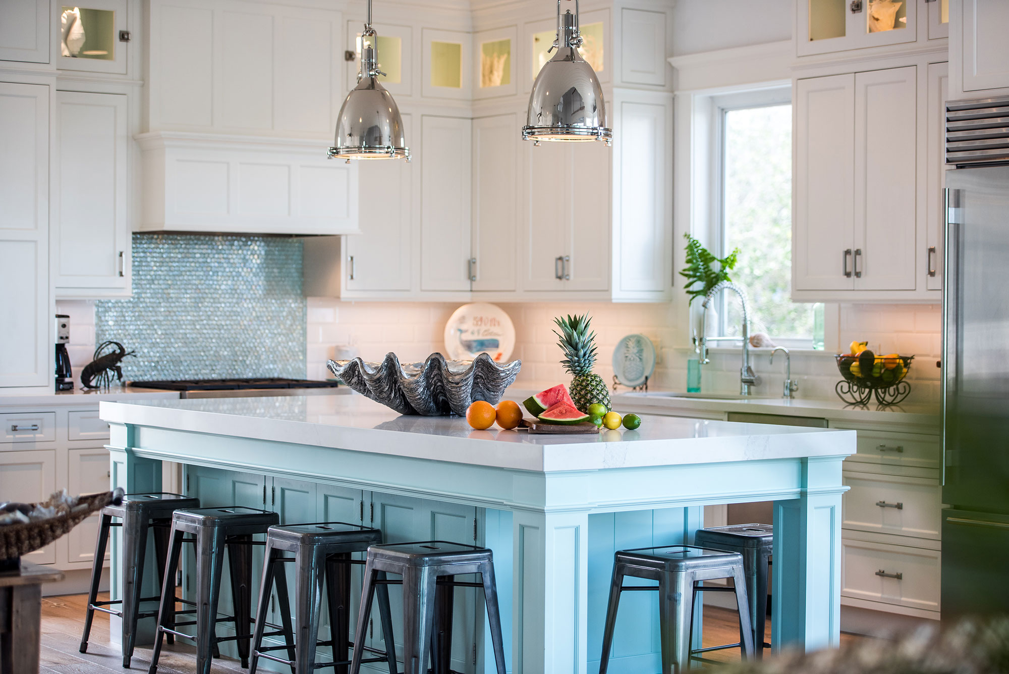 Coastal Style White Kitchen with Blue Island