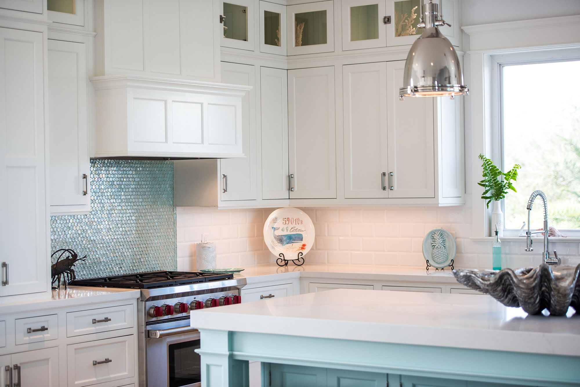 Coastal Style White Kitchen with Blue Island