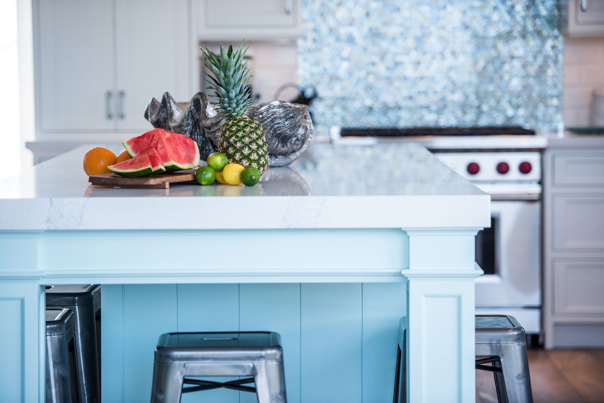 Coastal Style White Kitchen with Blue Island