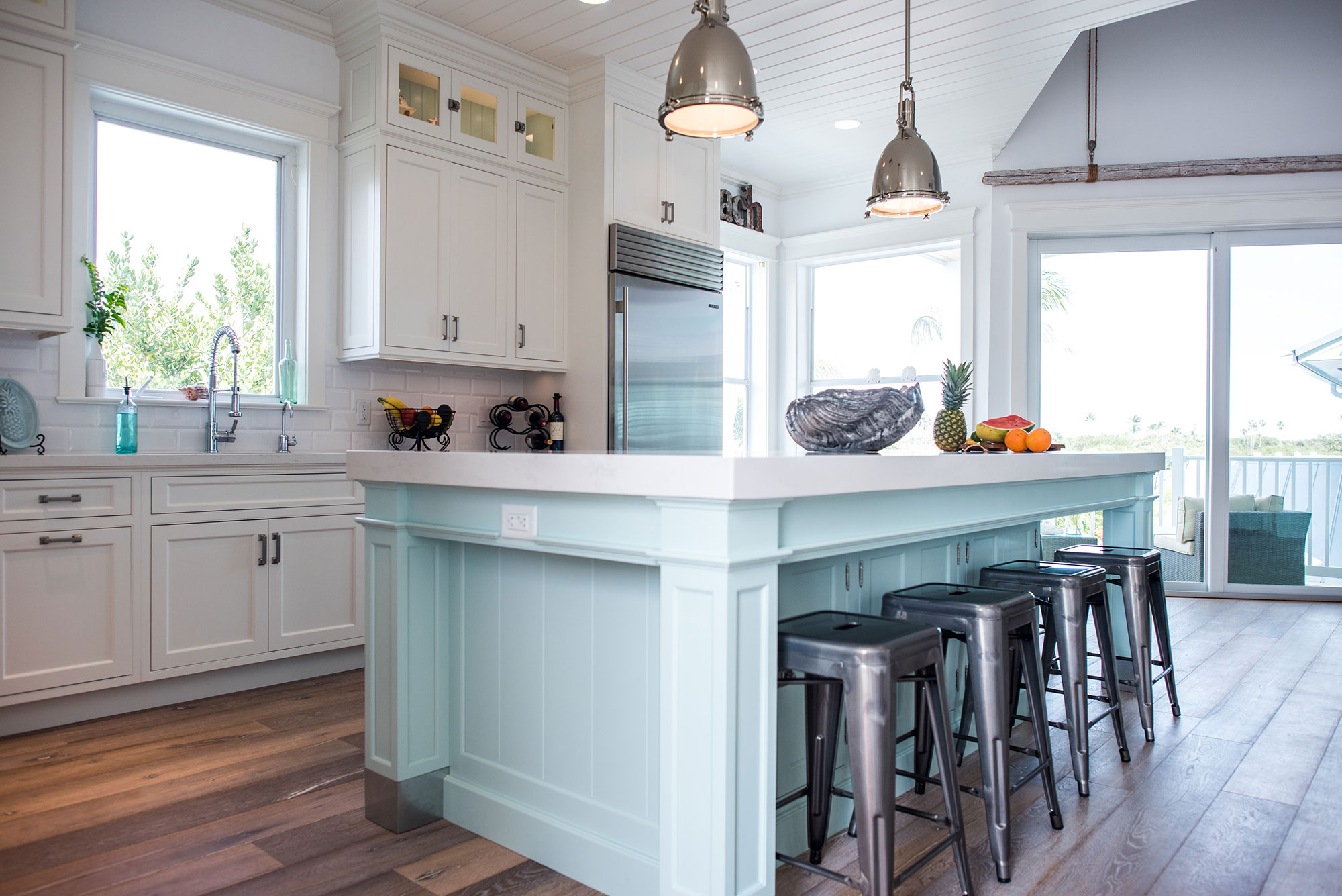 Coastal Style White Kitchen with Blue Island