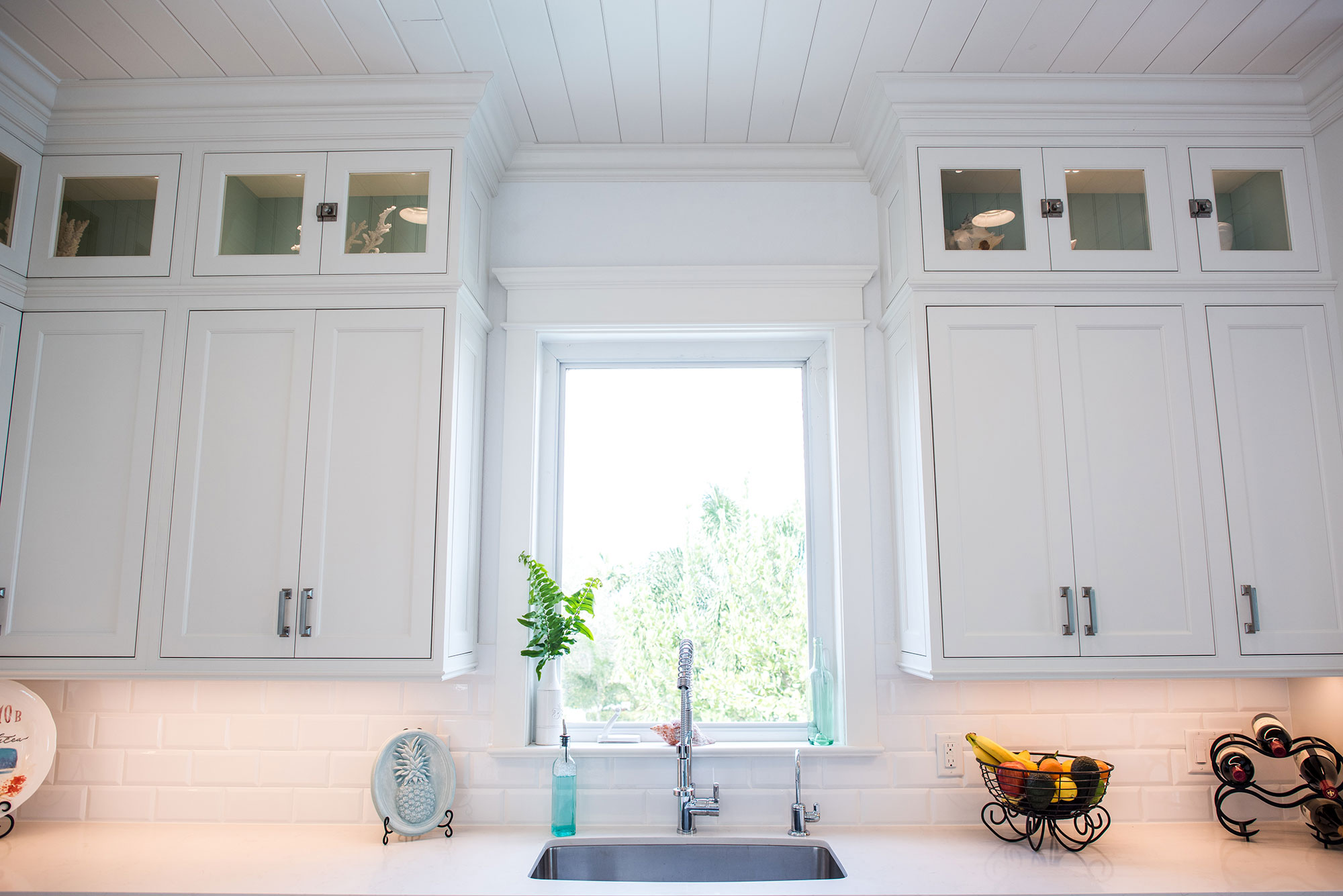 Coastal Style White Kitchen with Blue Island