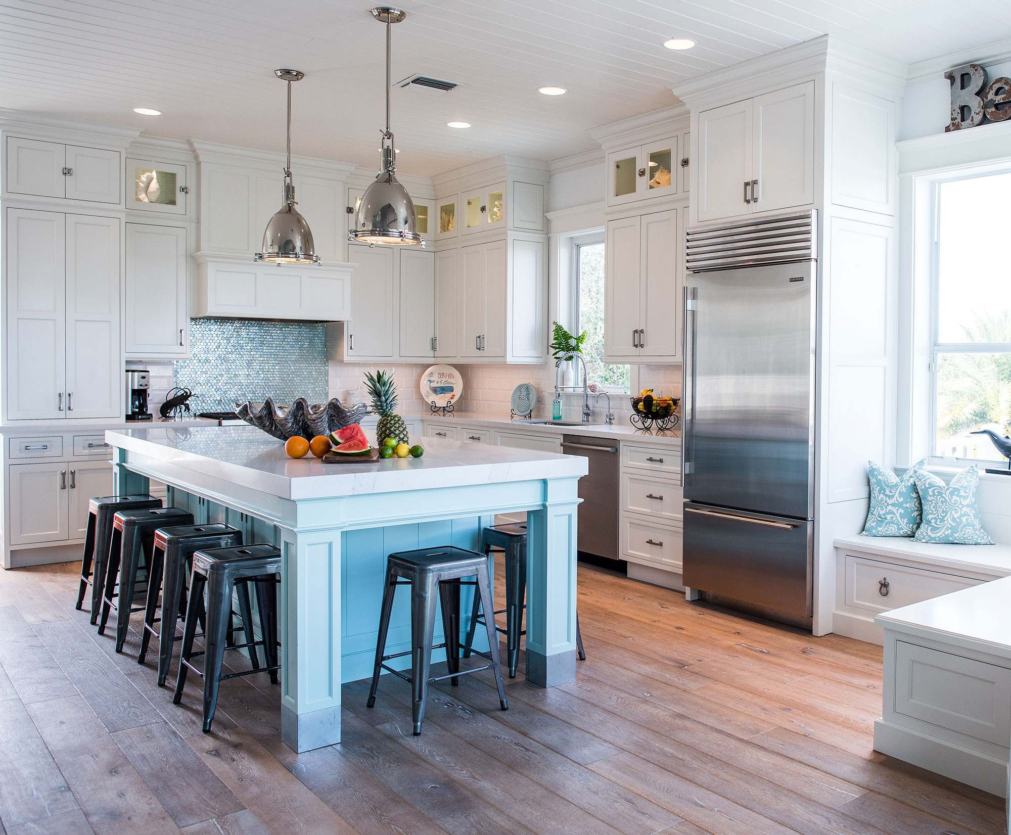 Coastal Style White Kitchen with Blue Island