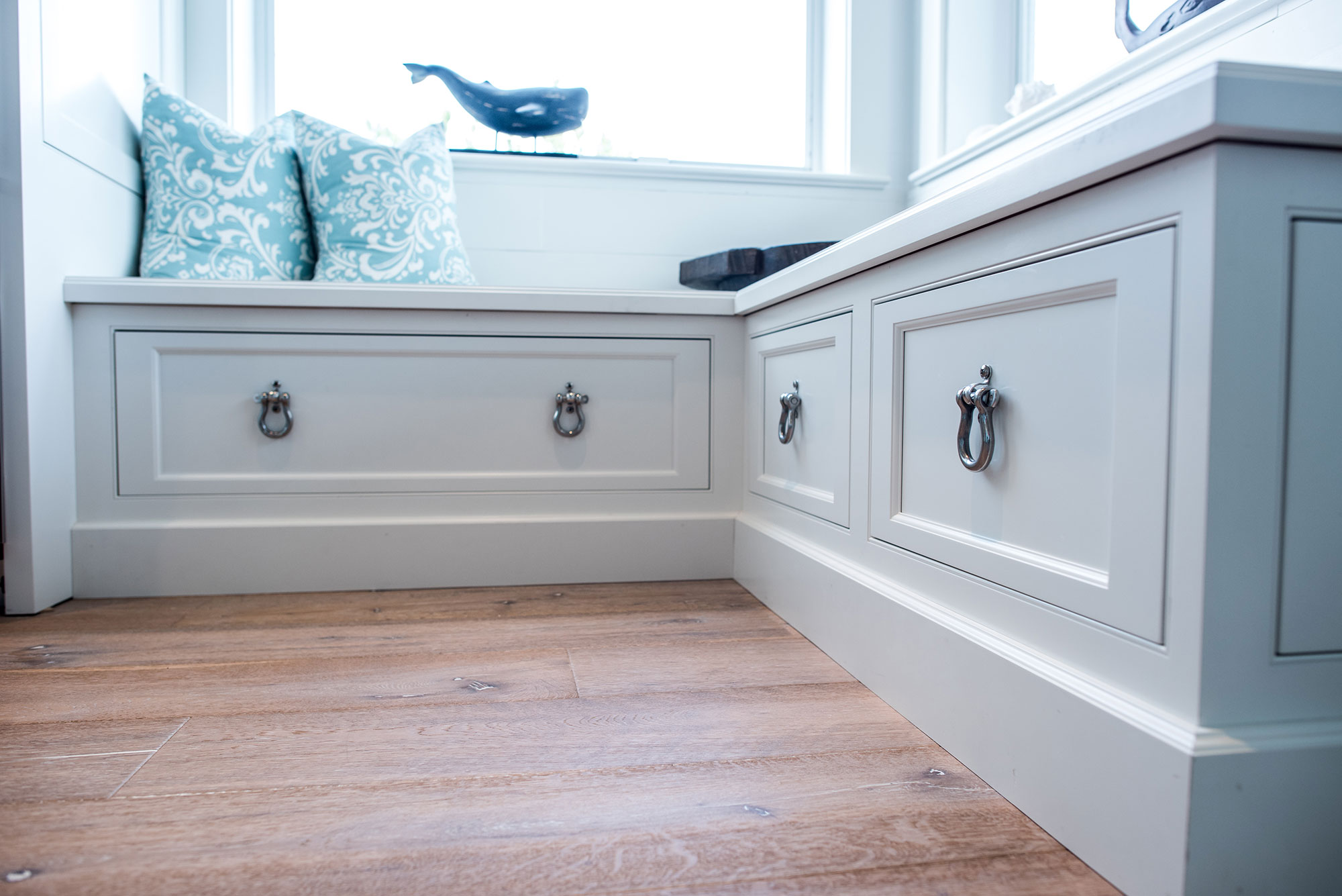 Coastal Style White Kitchen with Blue Island