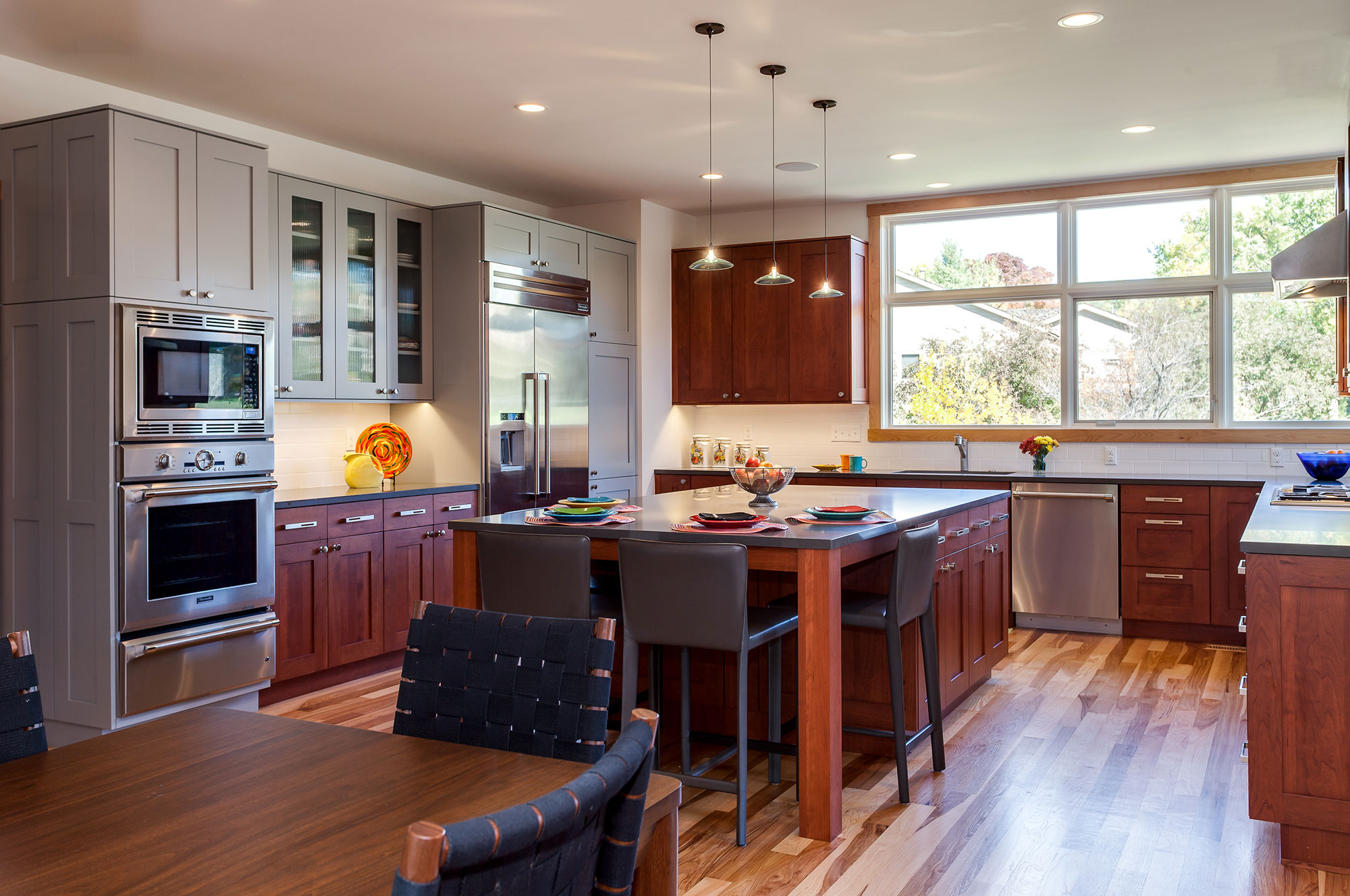 Contemporary Kitchen with Cherry and Grey Painted Cabinets