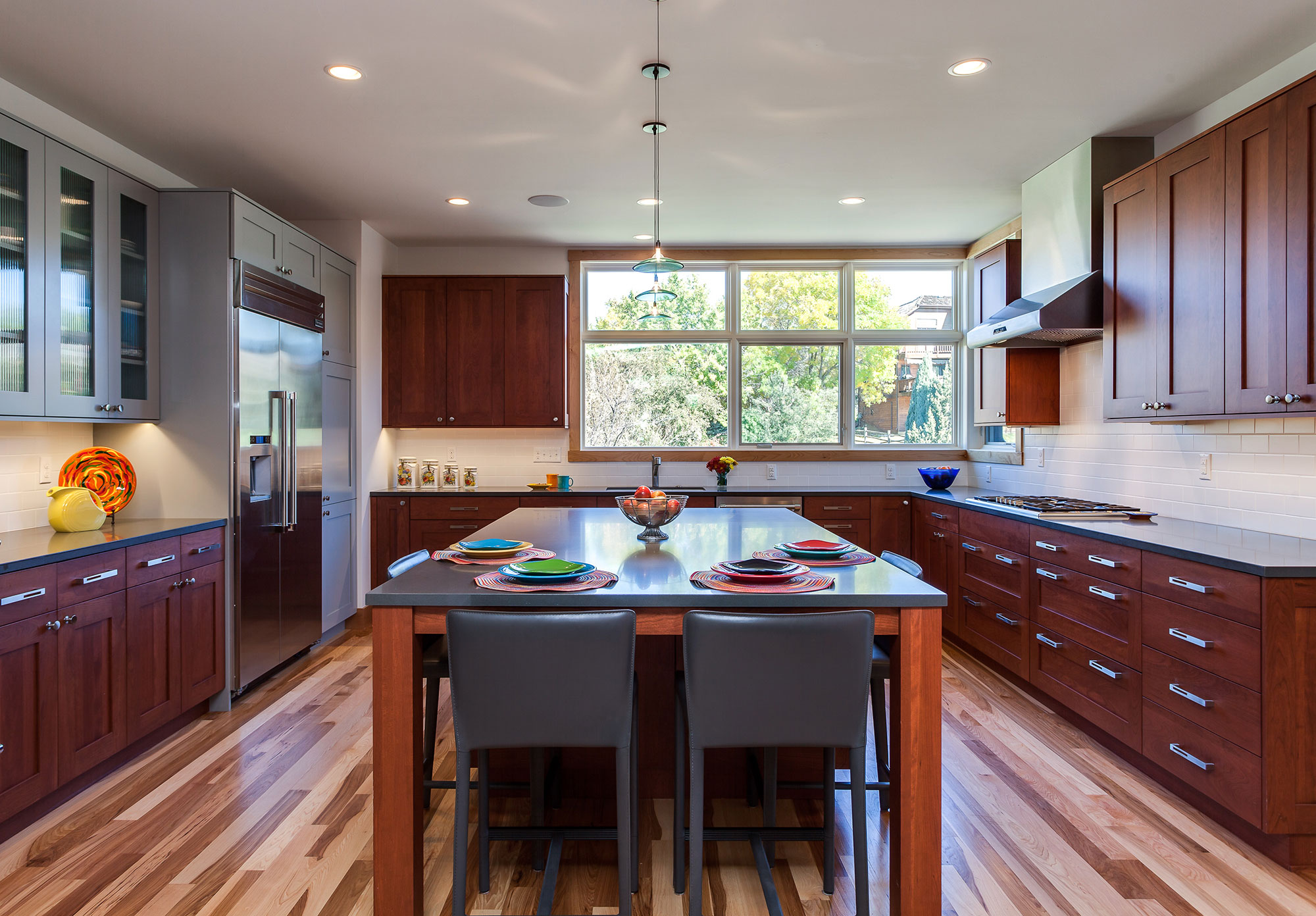 Contemporary Kitchen with Cherry and Grey Painted Cabinets