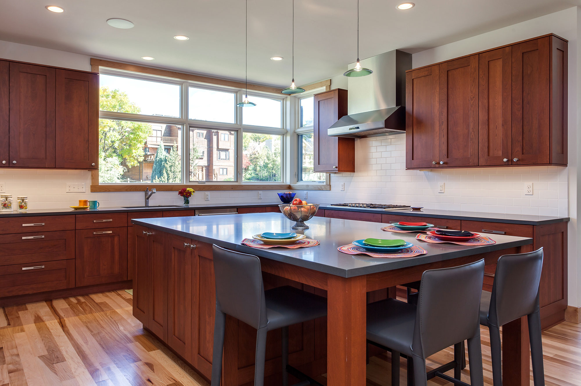 Contemporary Kitchen with Cherry and Grey Painted Cabinets