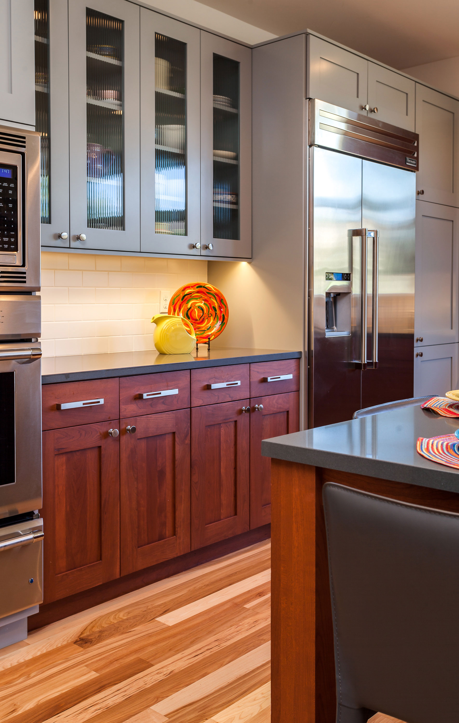 Contemporary Kitchen with Cherry and Grey Painted Cabinets