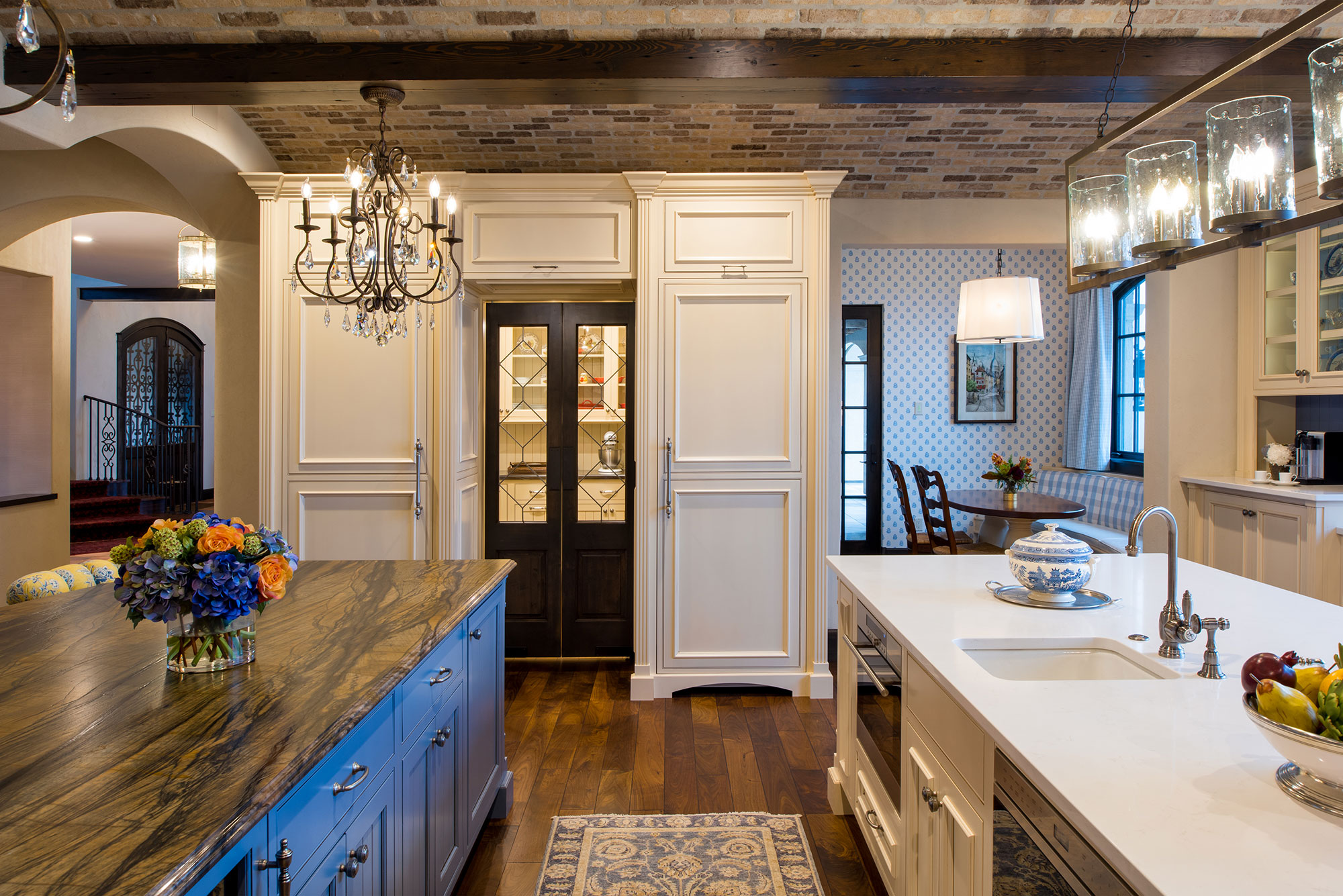 Large White Kitchen with Blue Island