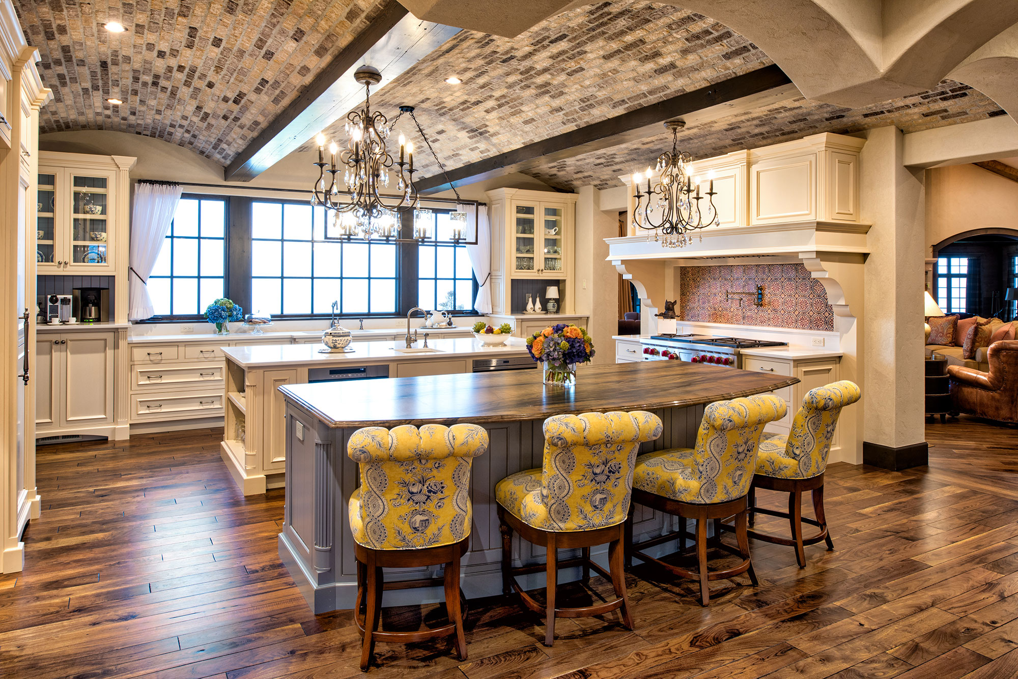 Large White Kitchen with Blue Island