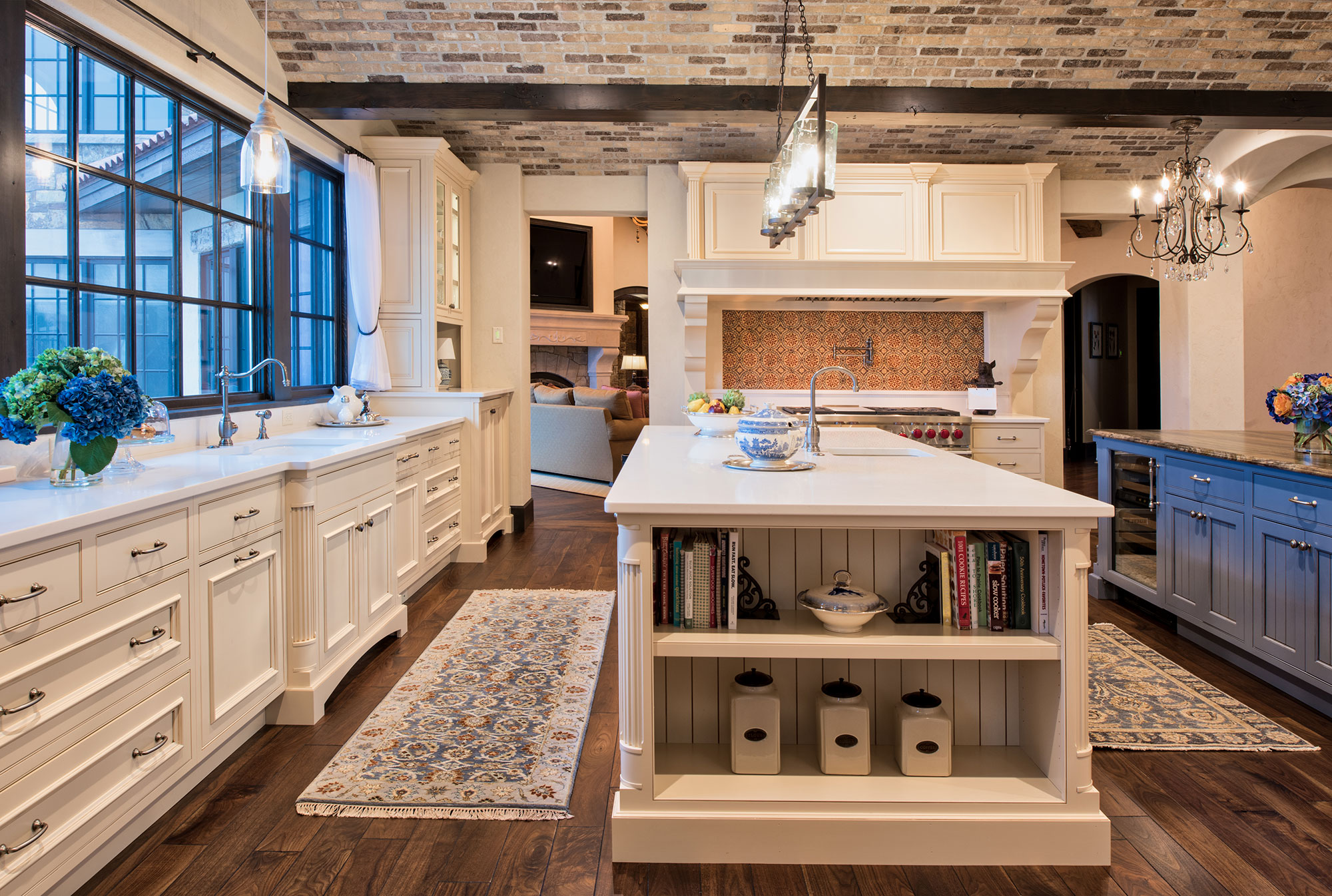 Large White Kitchen with Blue Island