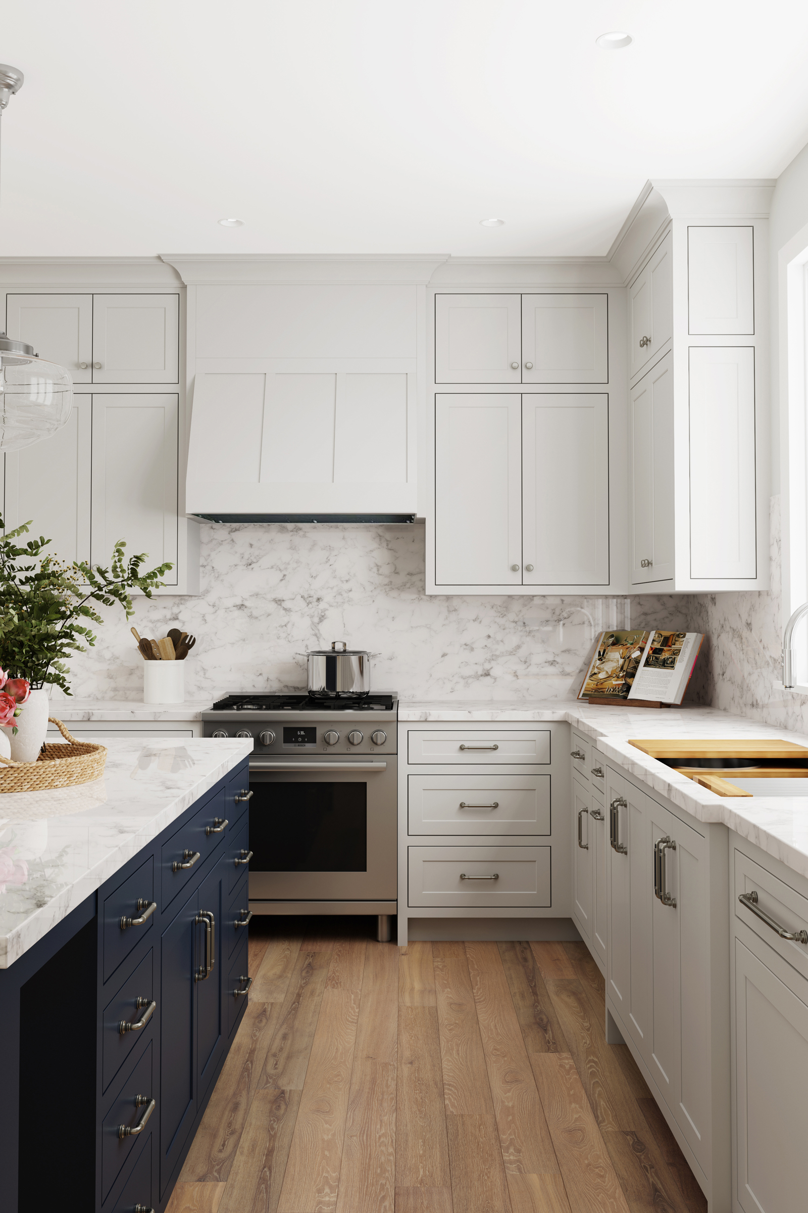 Light Grey Kitchen With Dark Blue Island