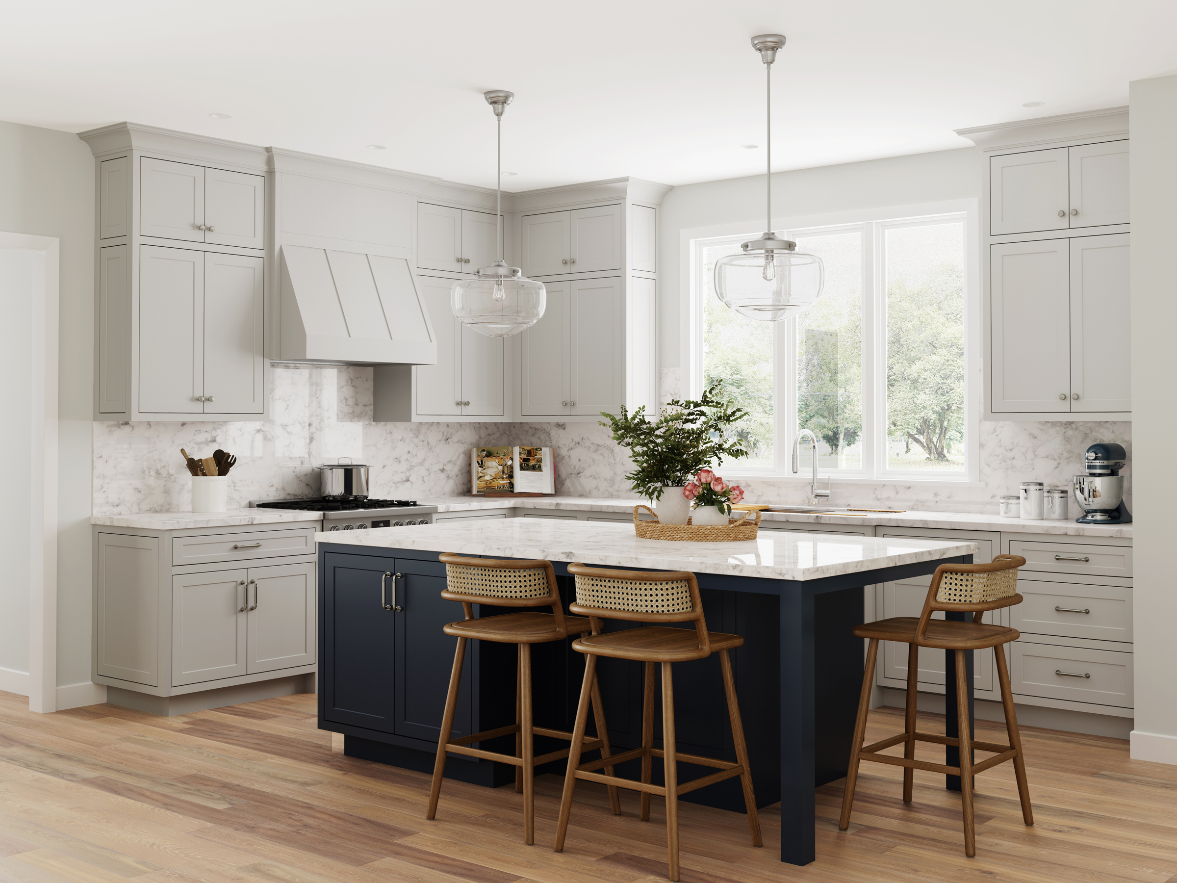 Light Grey Kitchen With Dark Blue Island