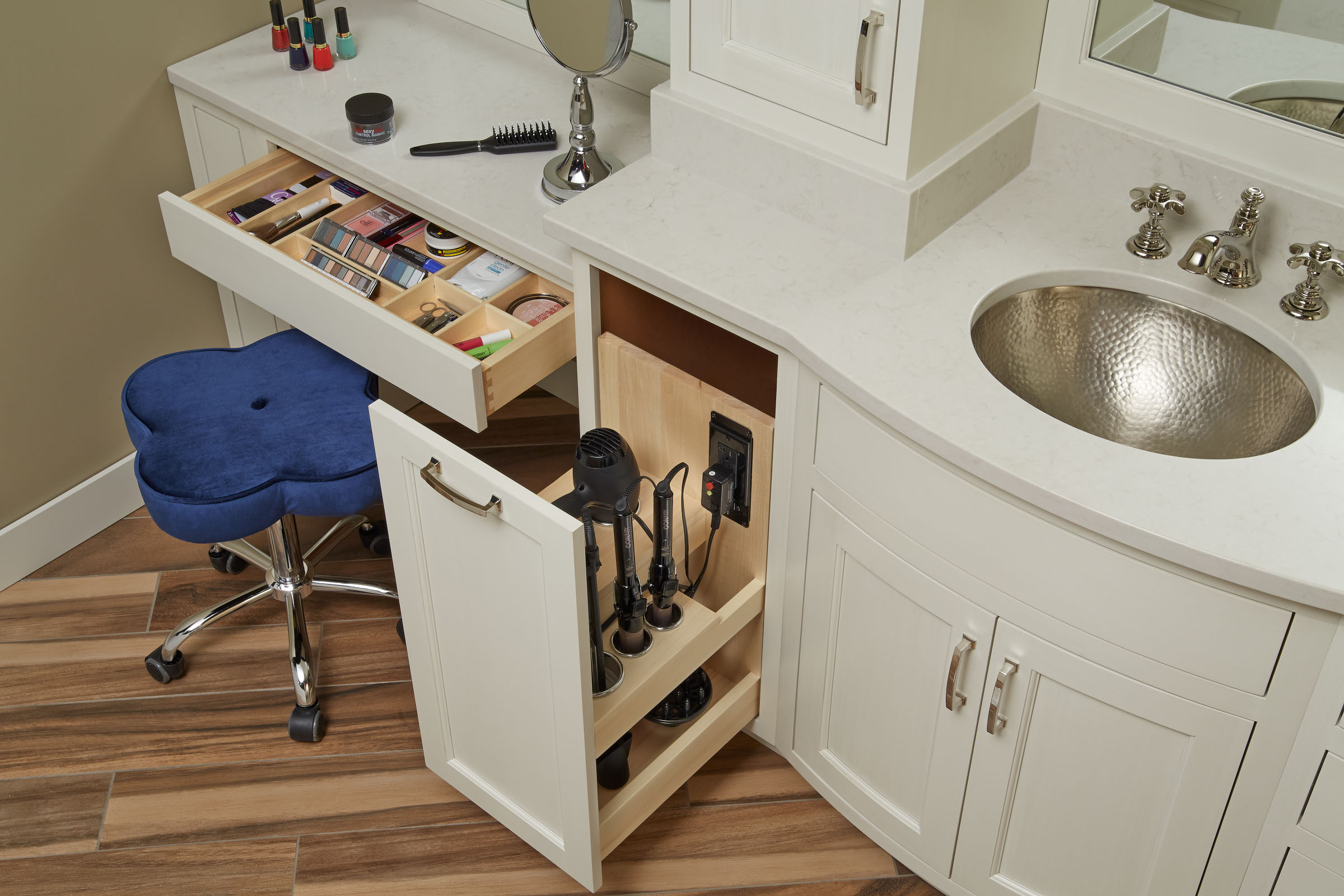 Custom hair tools charging station, and custom, maple drawer insert