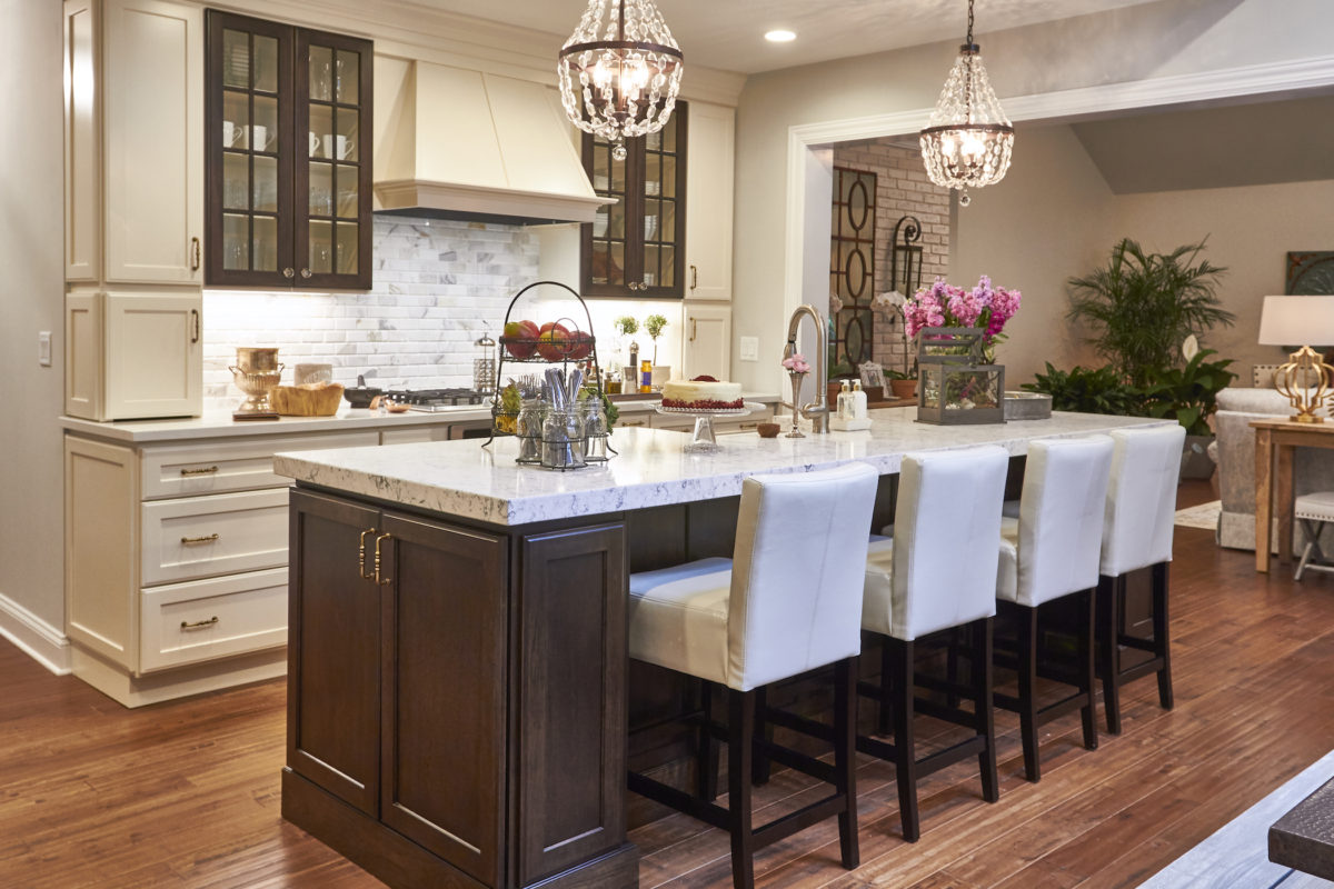 Off White Cabinets with Woodland Brown Island