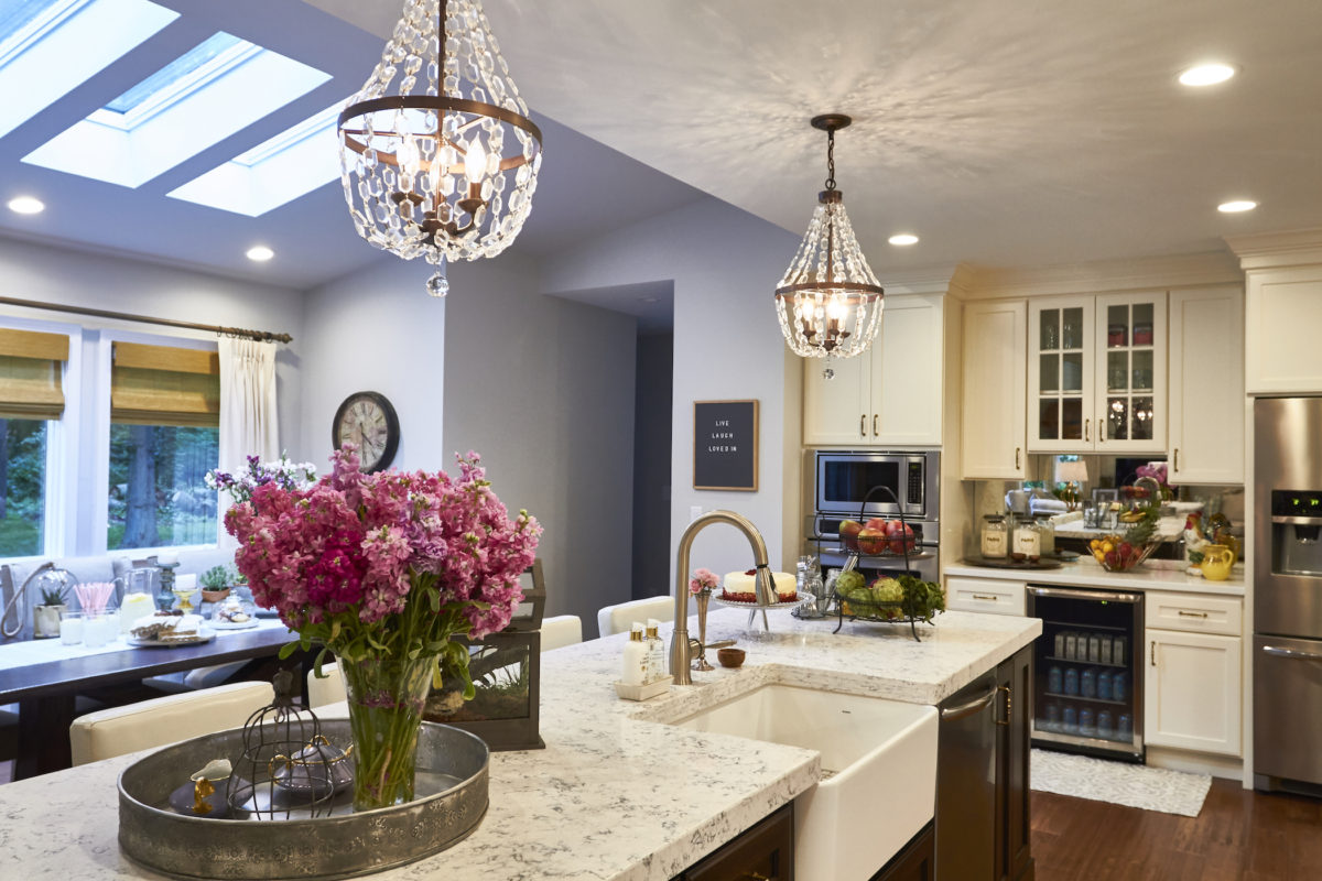 Off White Cabinets with Woodland Brown Island
