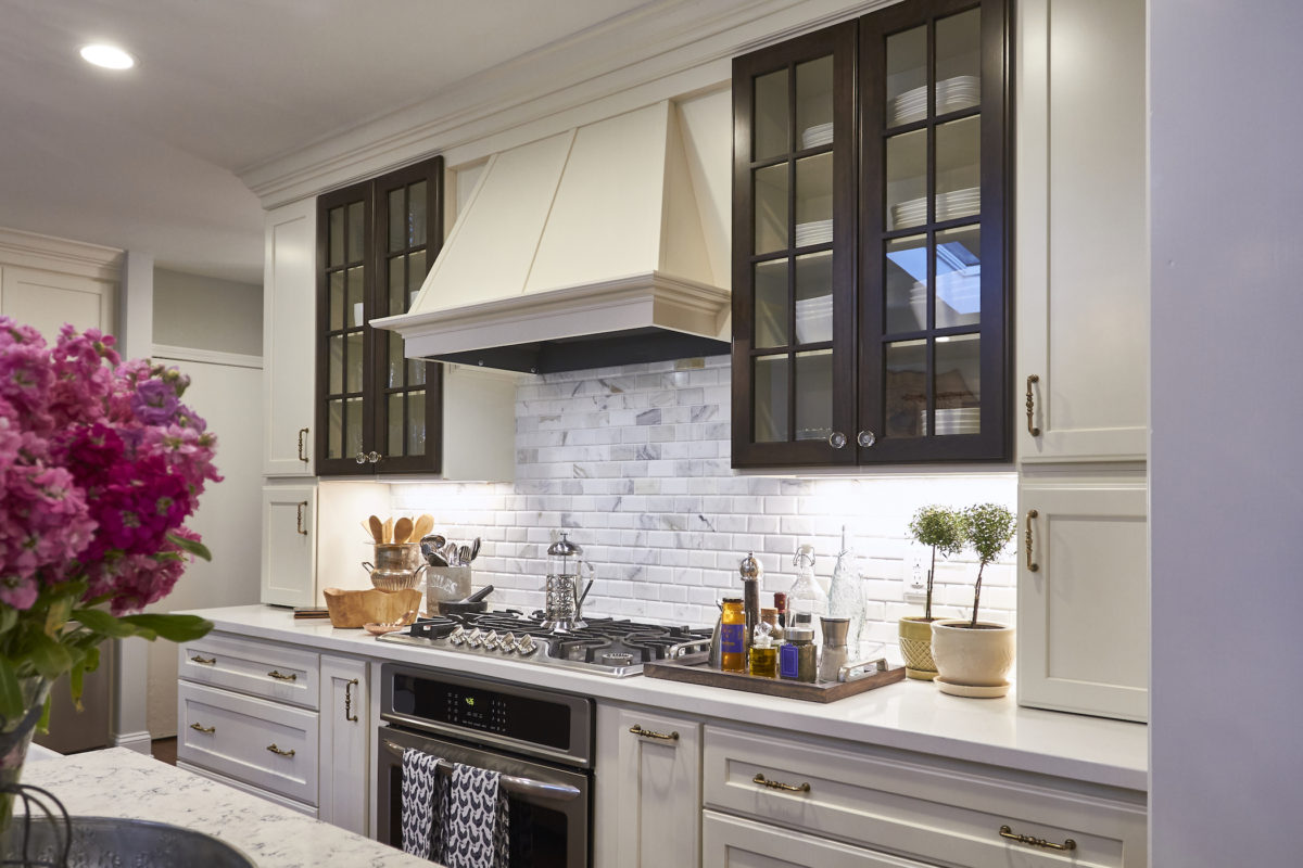 Off White Cabinets with Woodland Brown Island