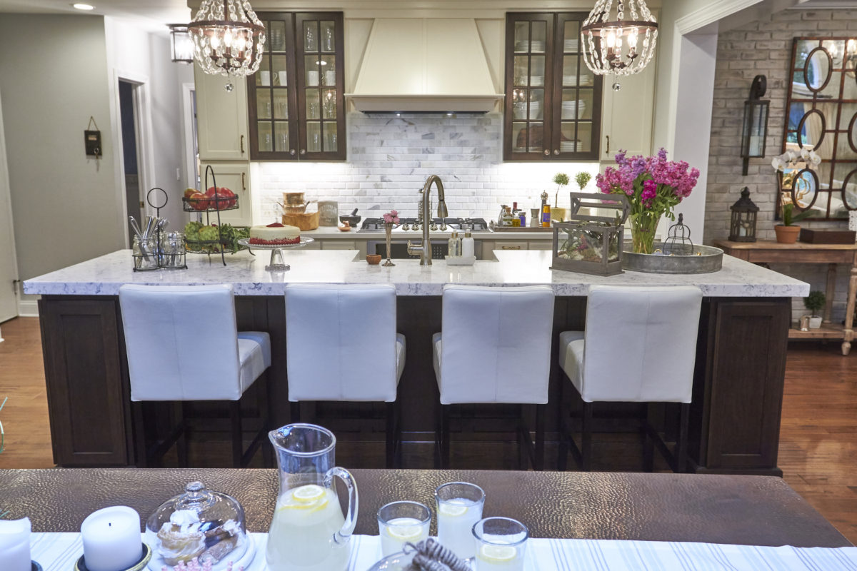 Off White Cabinets with Woodland Brown Island