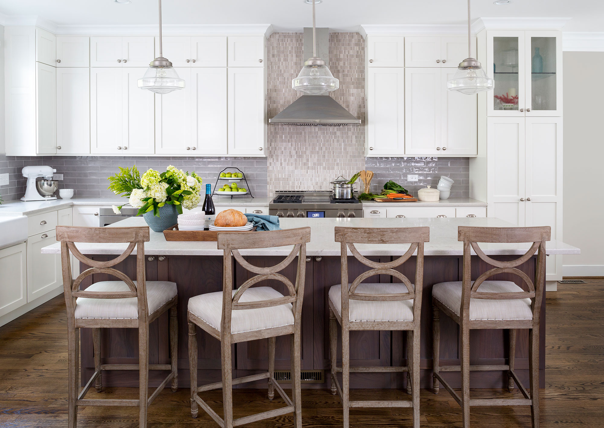 Painted White Kitchen with Dark Grey Stained Walnut Island