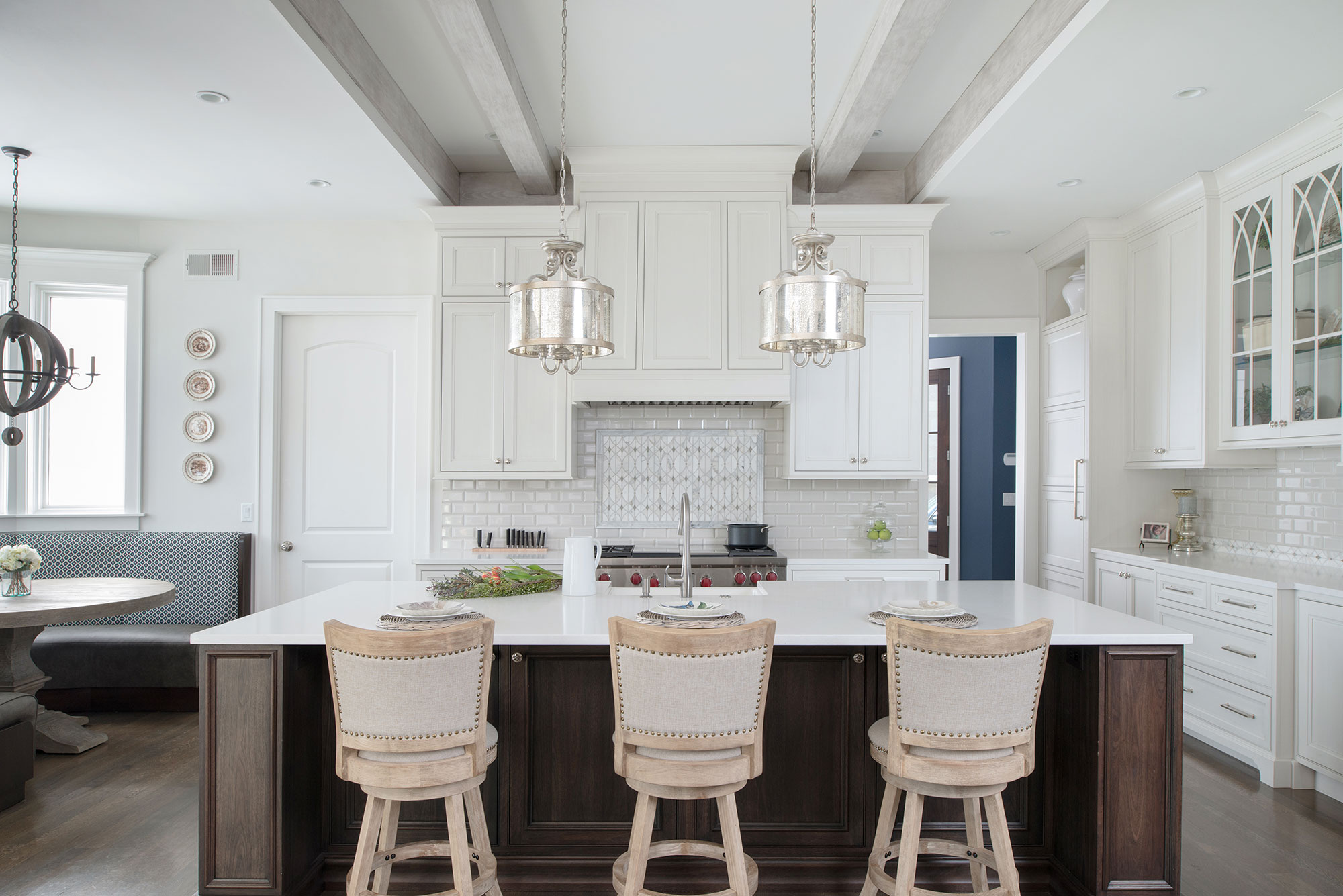 Painted White Kitchen with Dark Wood Island