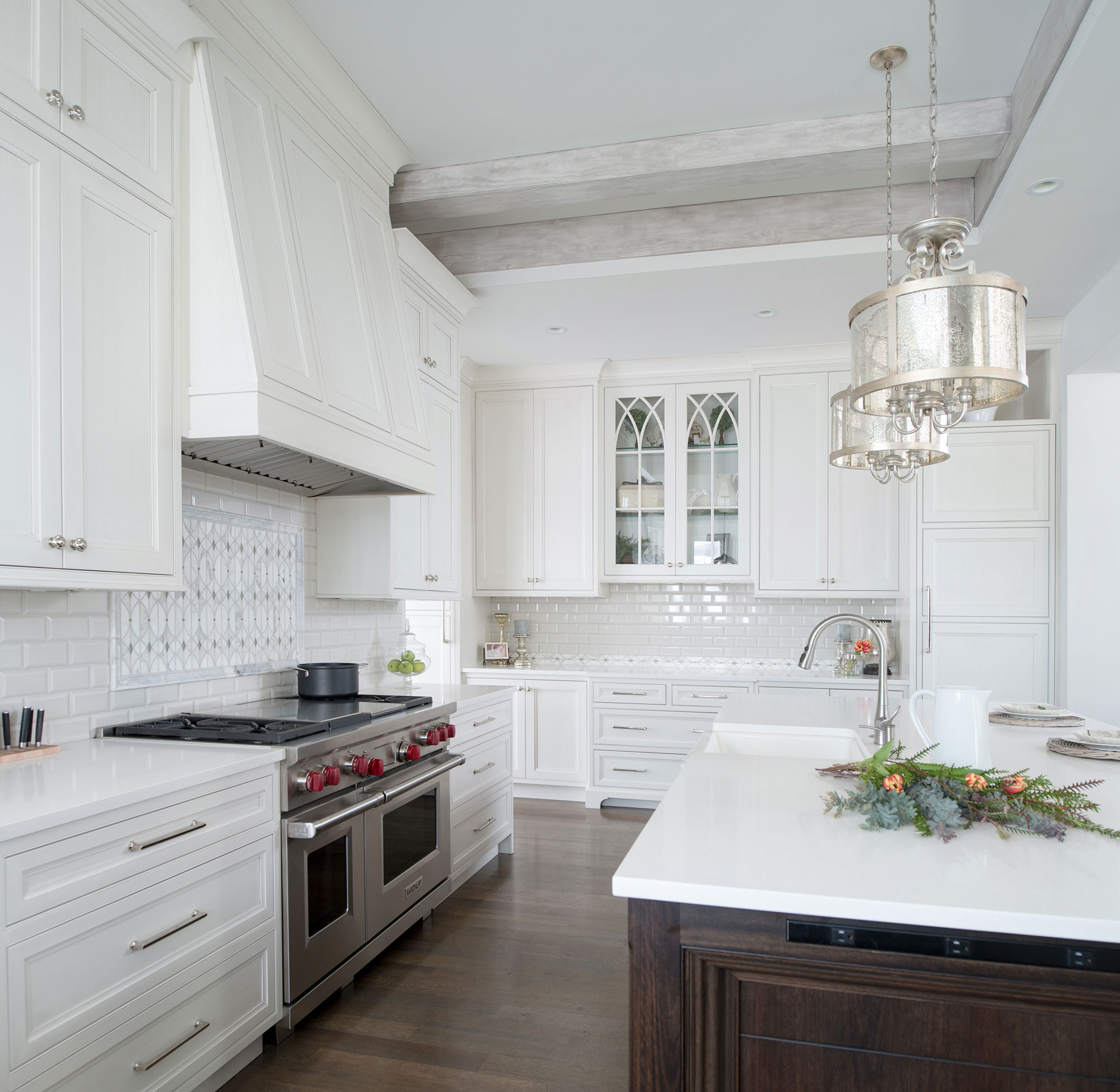 Painted White Kitchen with Dark Wood Island