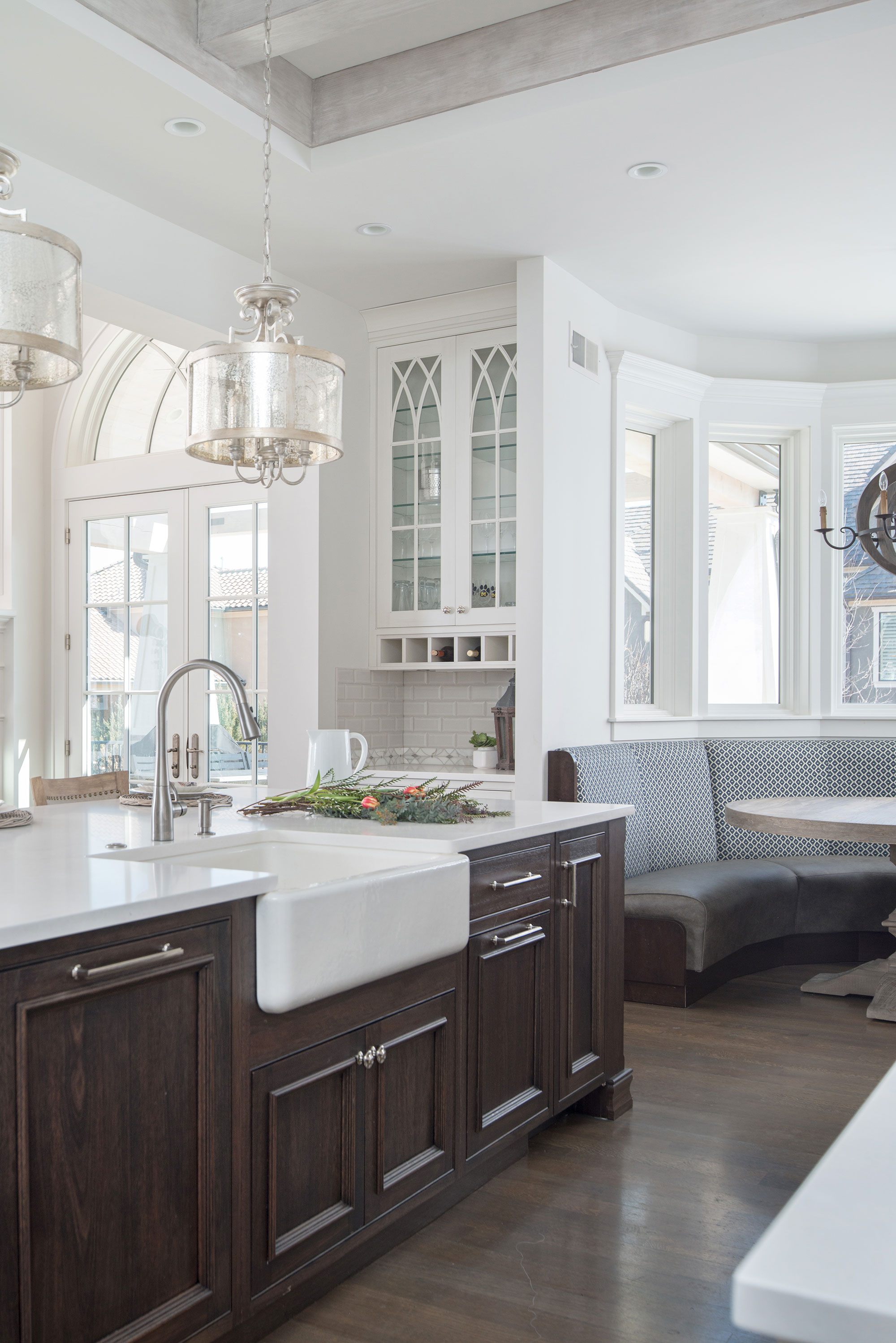 Painted White Kitchen with Dark Wood Island