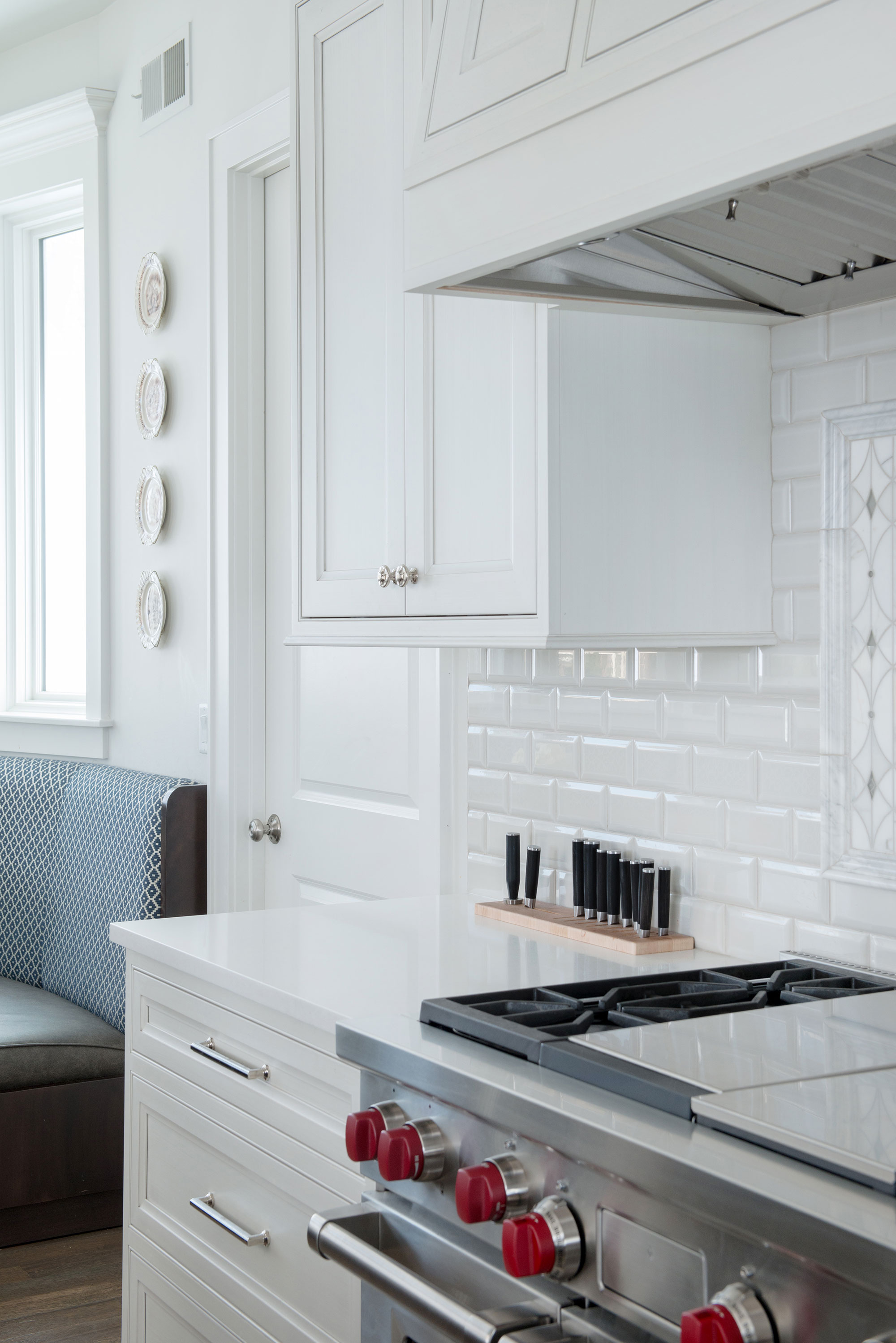 Painted White Kitchen with Dark Wood Island
