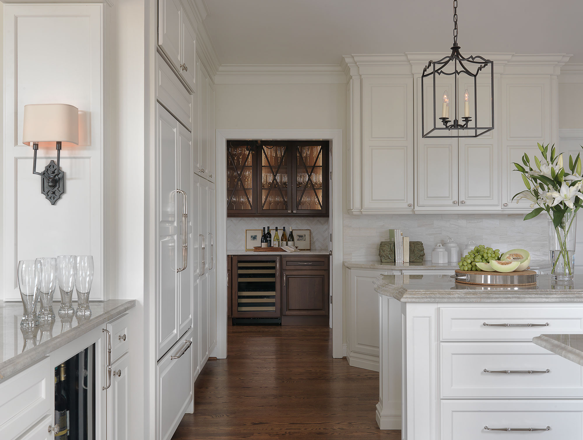 Painted White Kitchen with Walnut Wet Bar