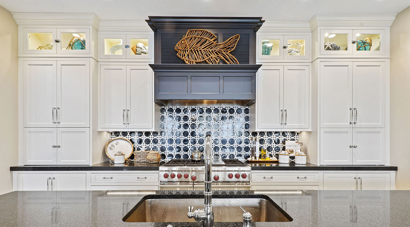White Kitchen with Rustic Dark Blue Island