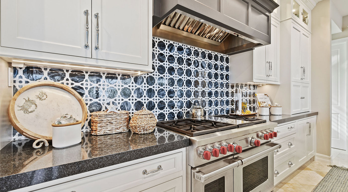 White Kitchen with Rustic Dark Blue Island