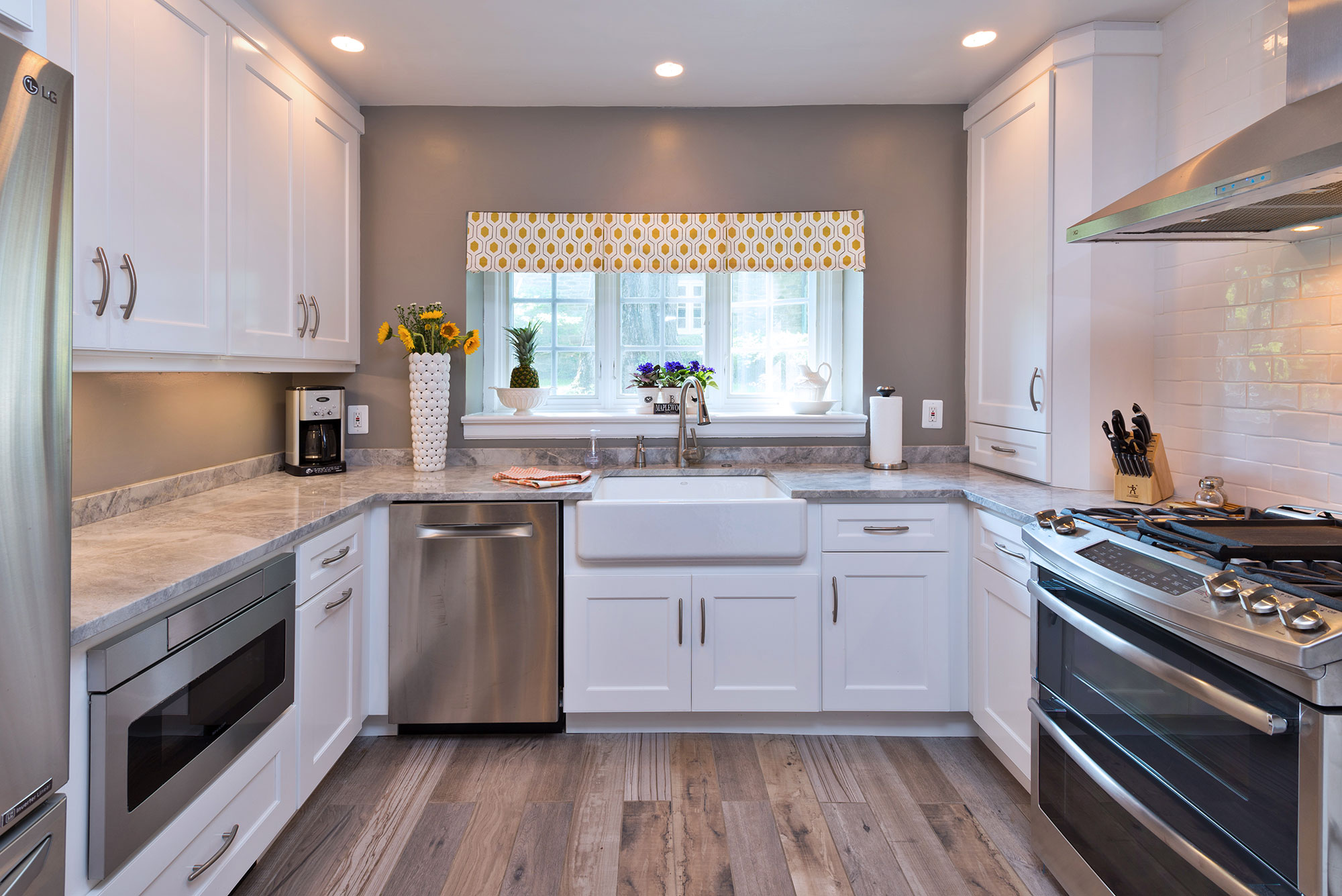 Small White Kitchen with Entry Bench