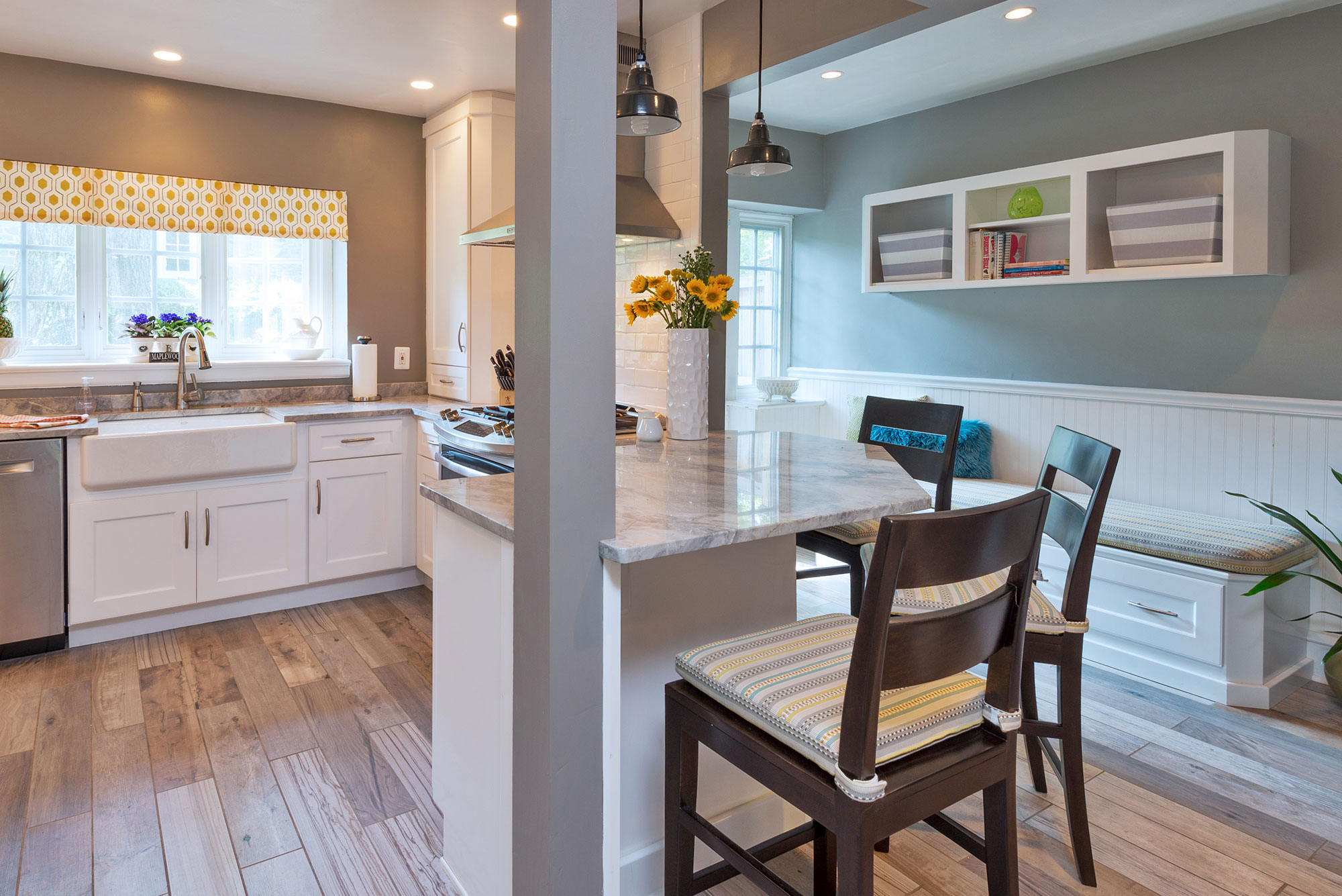 Small White Kitchen with Entry Bench