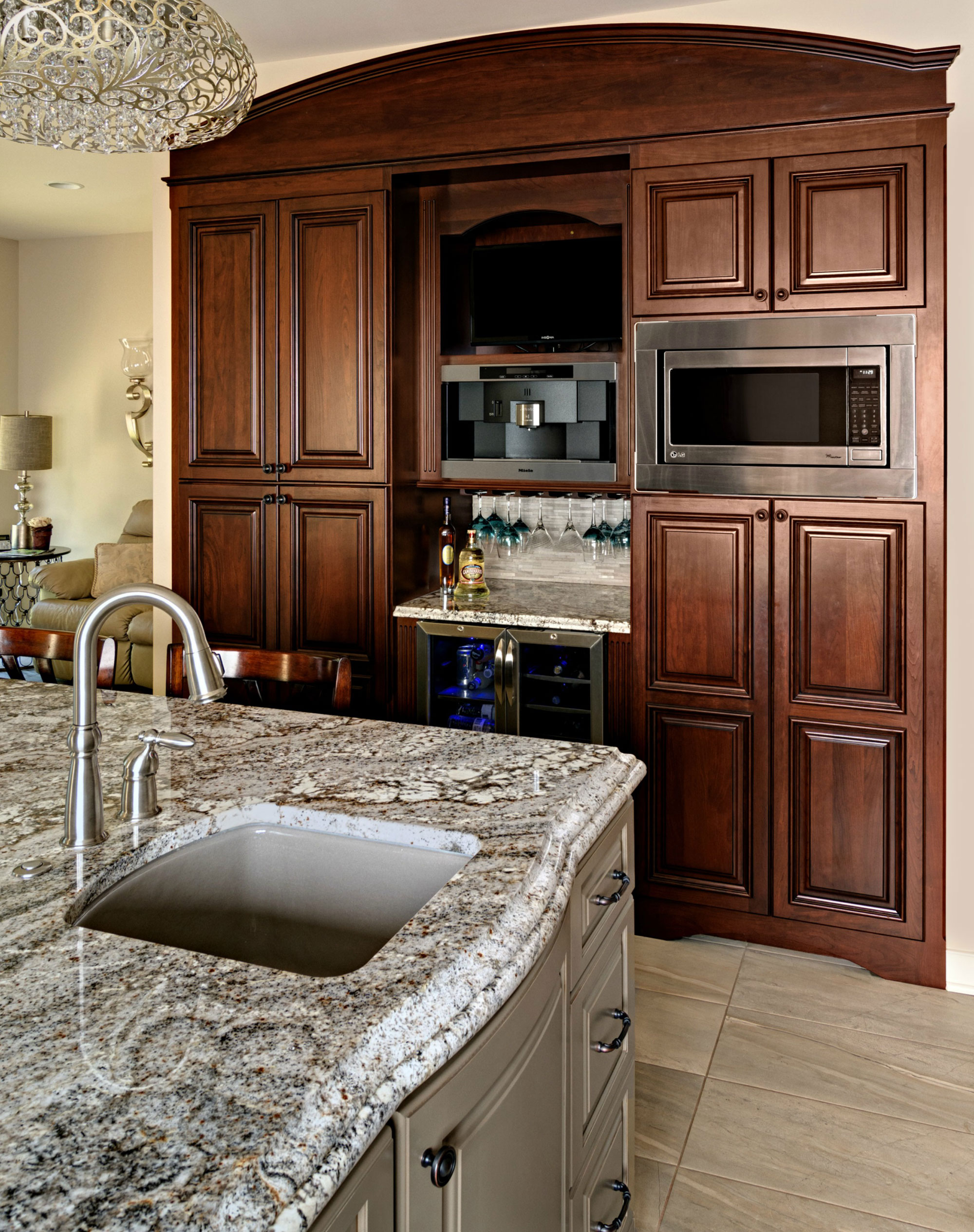 Traditional Cherry Cabinets with Medium Brown Painted Island