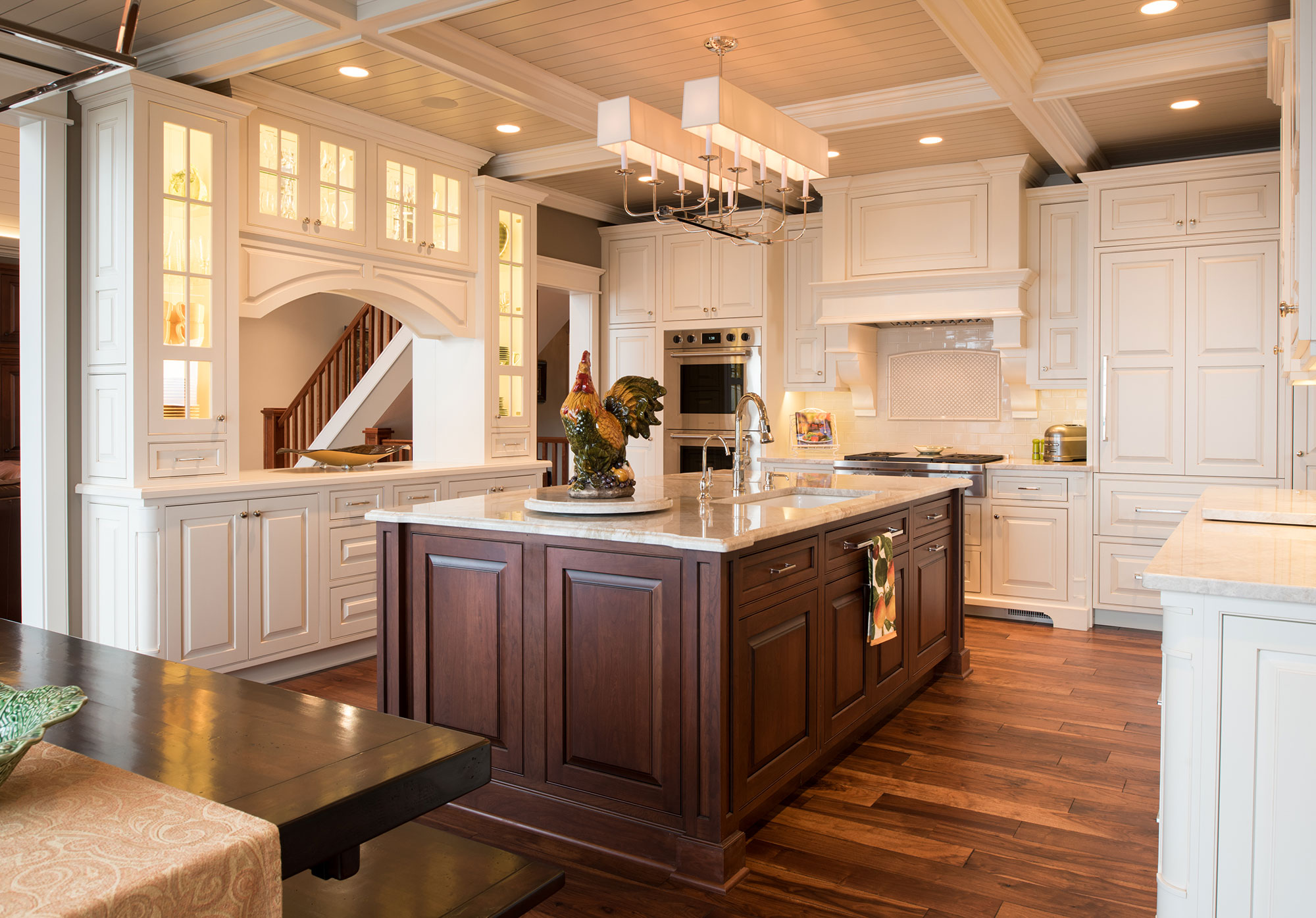 Traditional White Kitchen with Dark Cherry Island