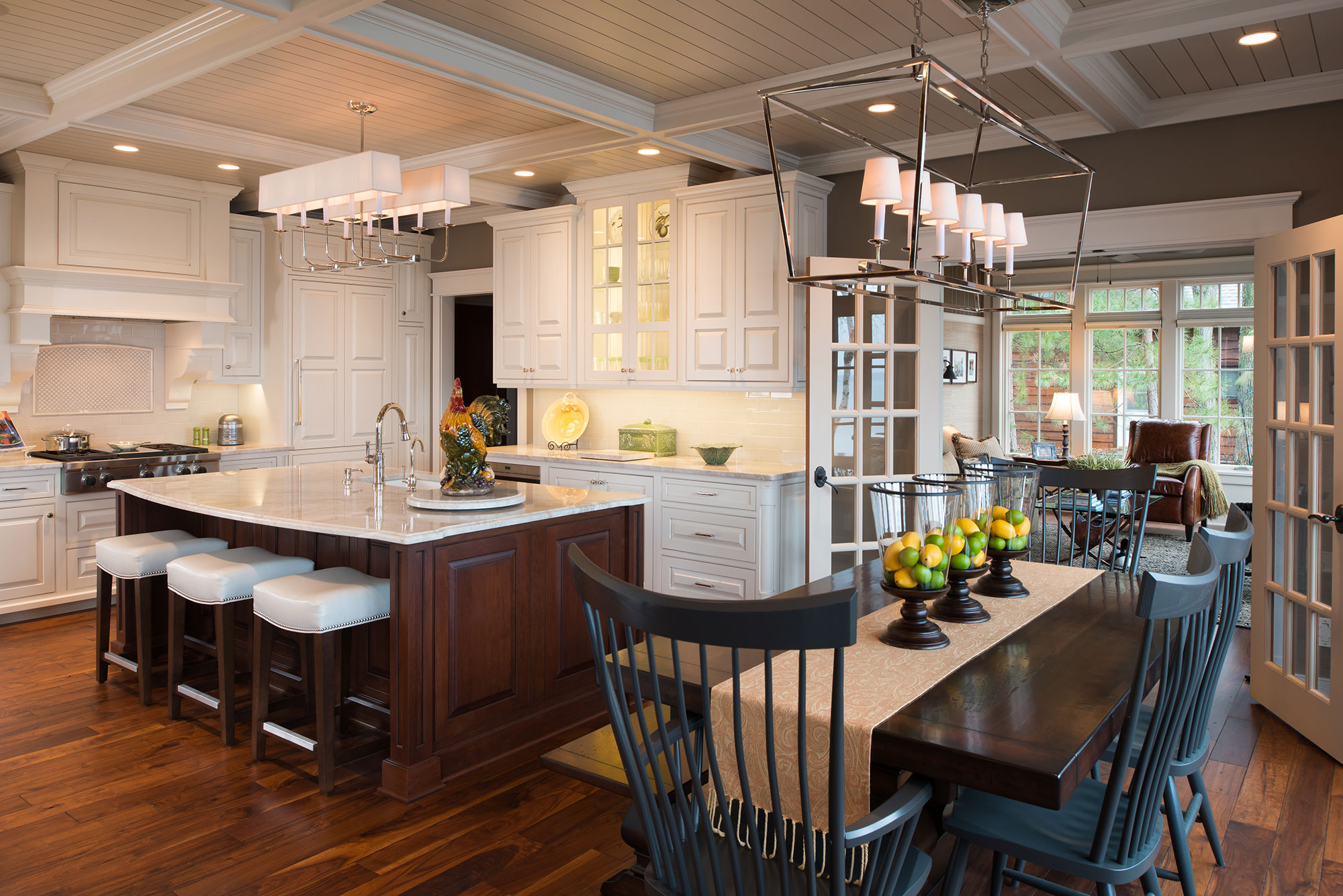 Traditional White Kitchen with Dark Cherry Island