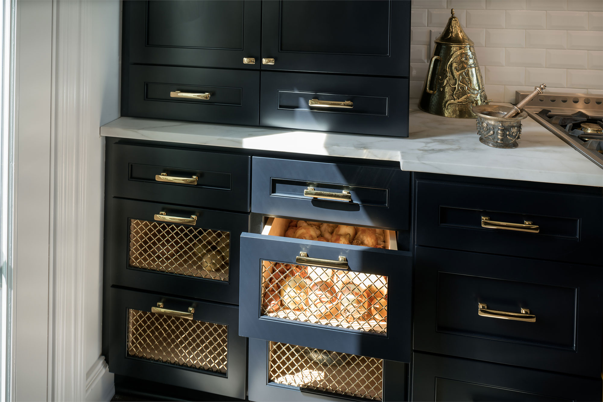 Transitional Dark Blue Painted Cabinets