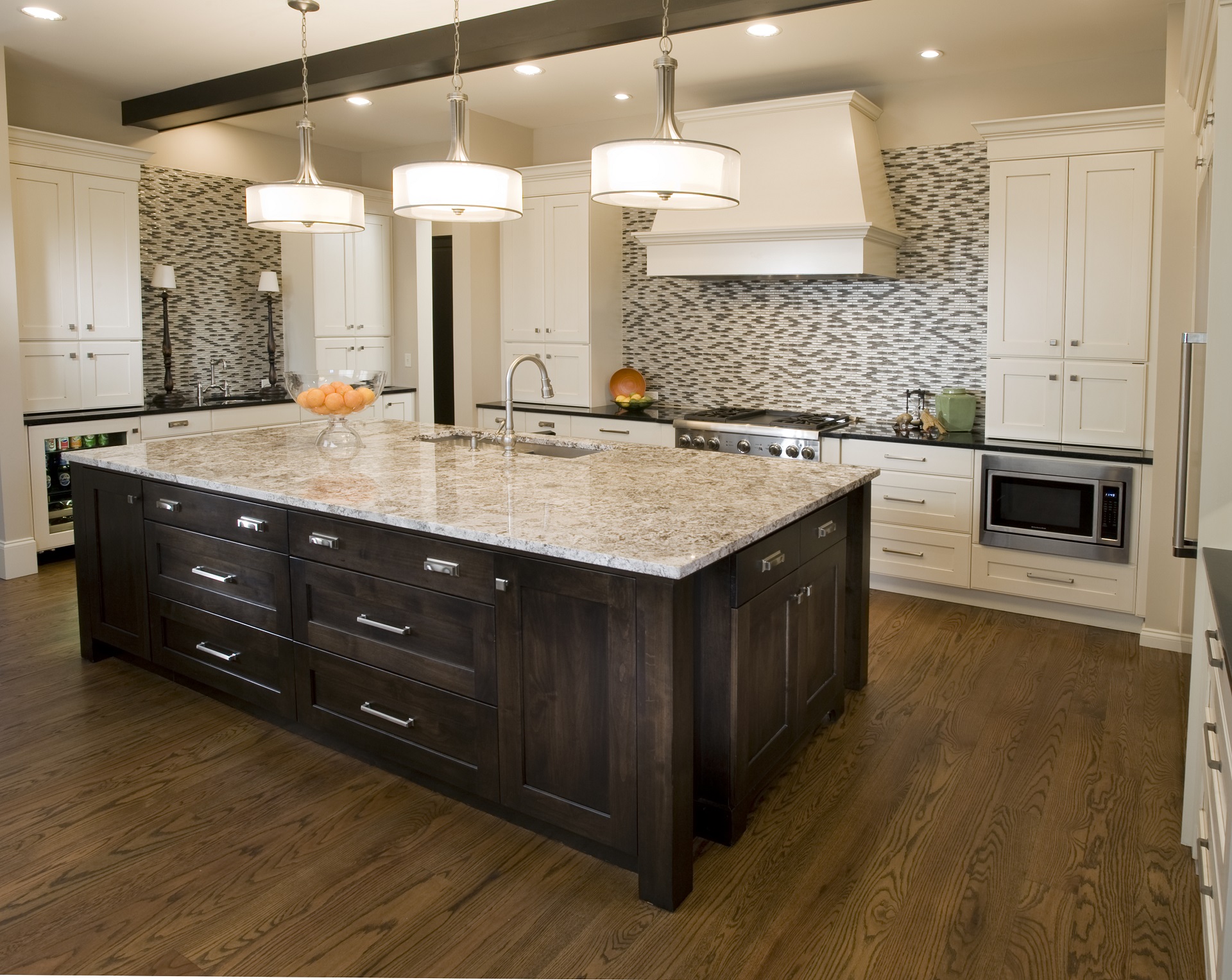 Transitional Painted Kitchen With Dark Wood Island
