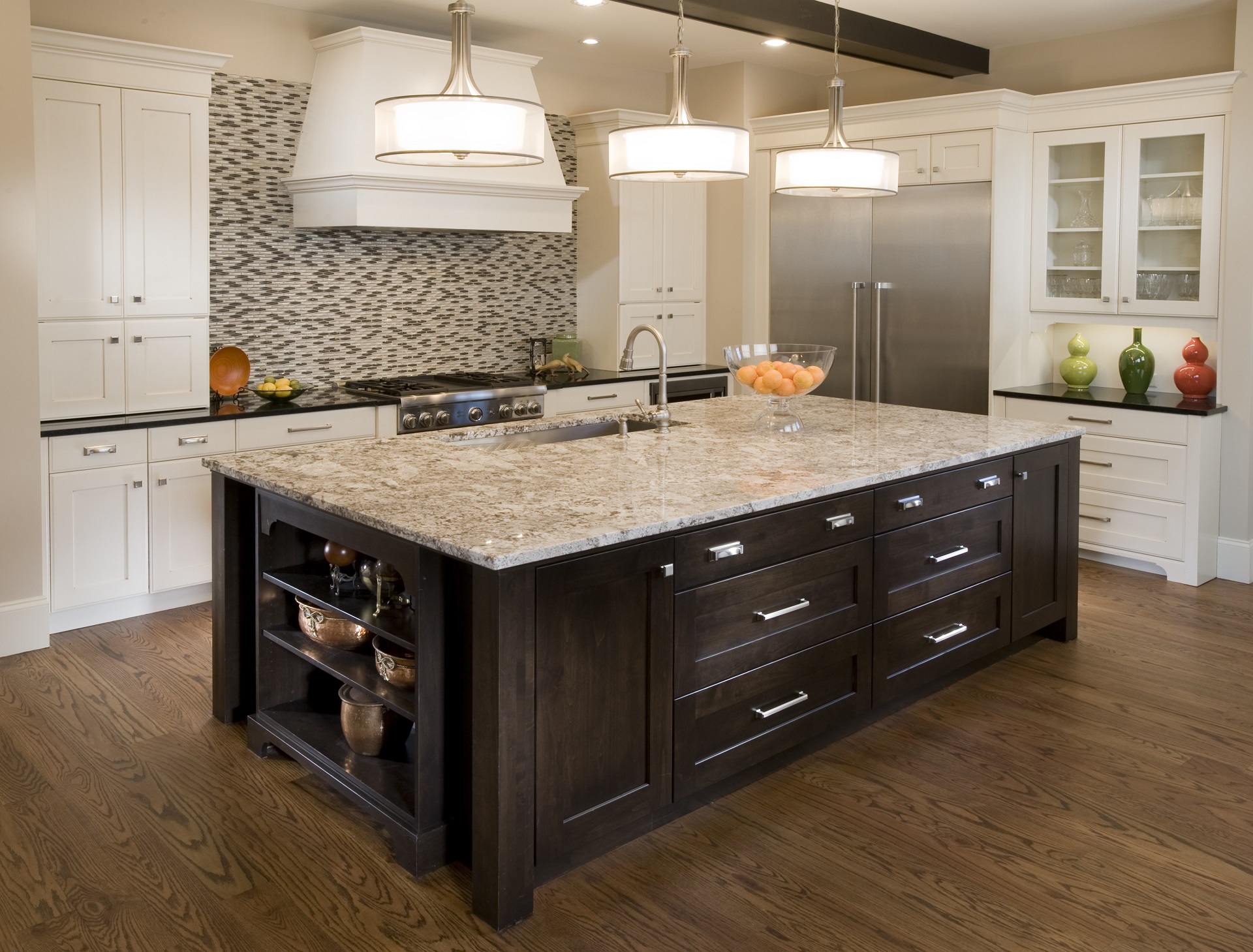 Transitional Painted Kitchen With Dark Wood Island