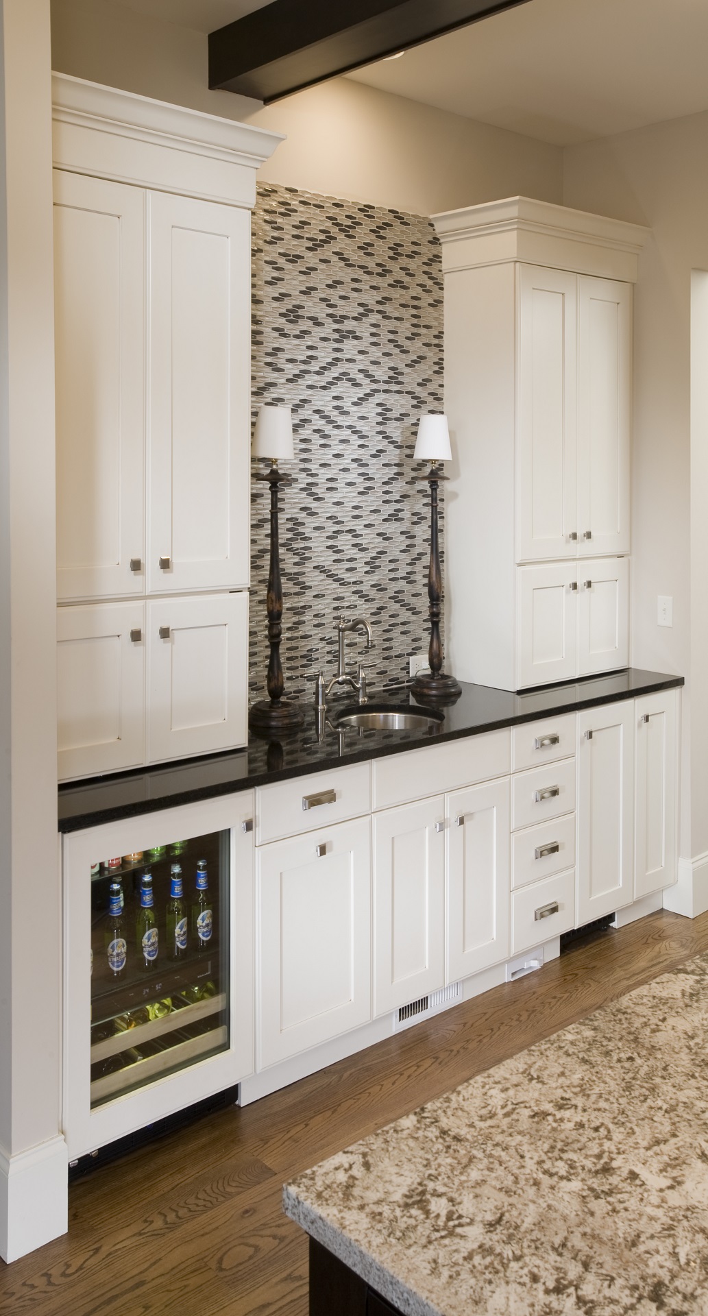 Transitional Painted Kitchen With Dark Wood Island