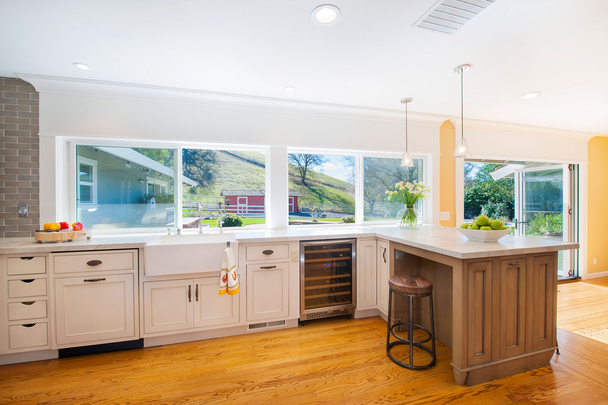 Transitonal Painted White Kitchen with Grey Stained Peninsila