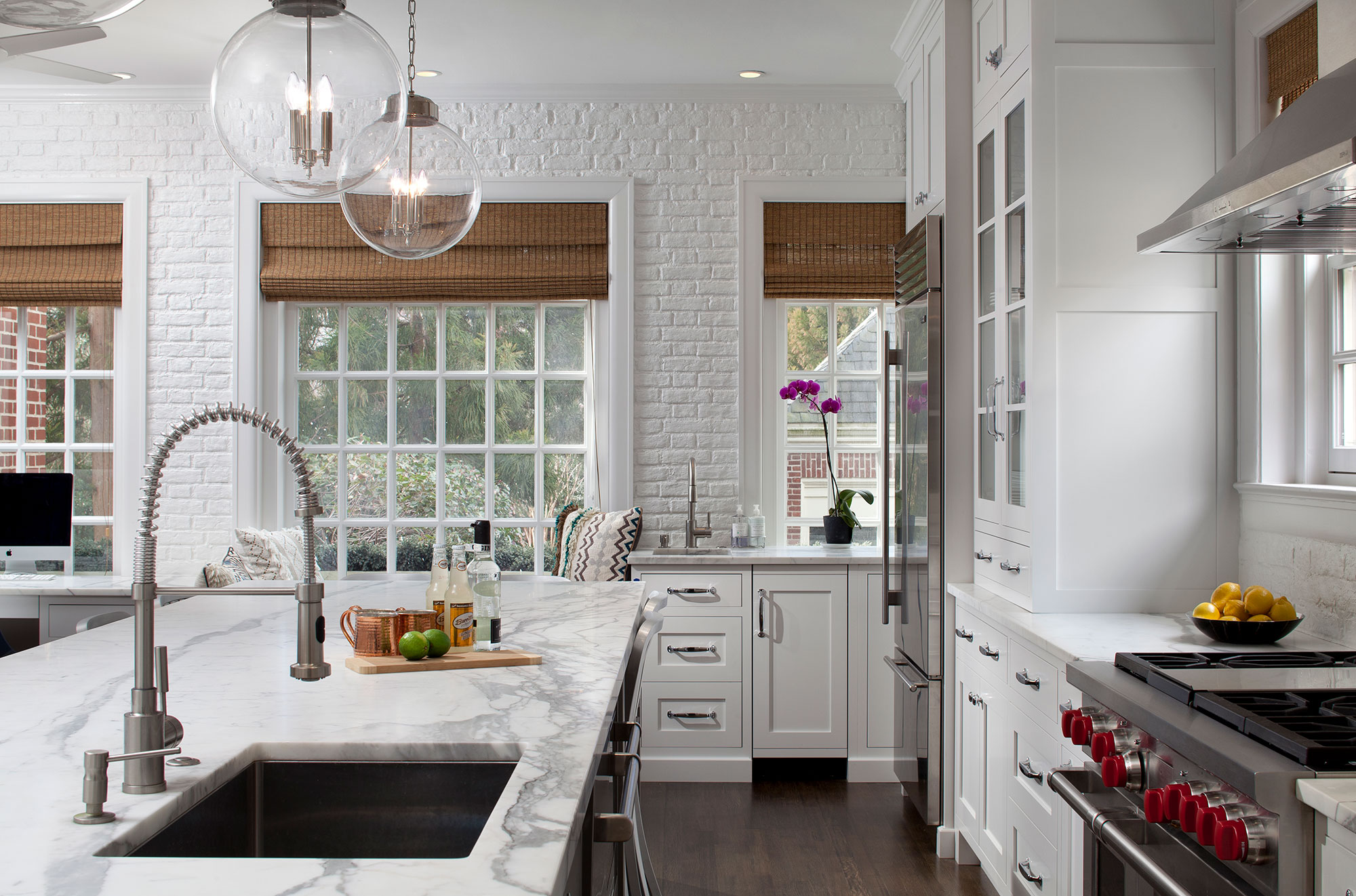 Transtional White Kitchen with Grey Blue Stained Island