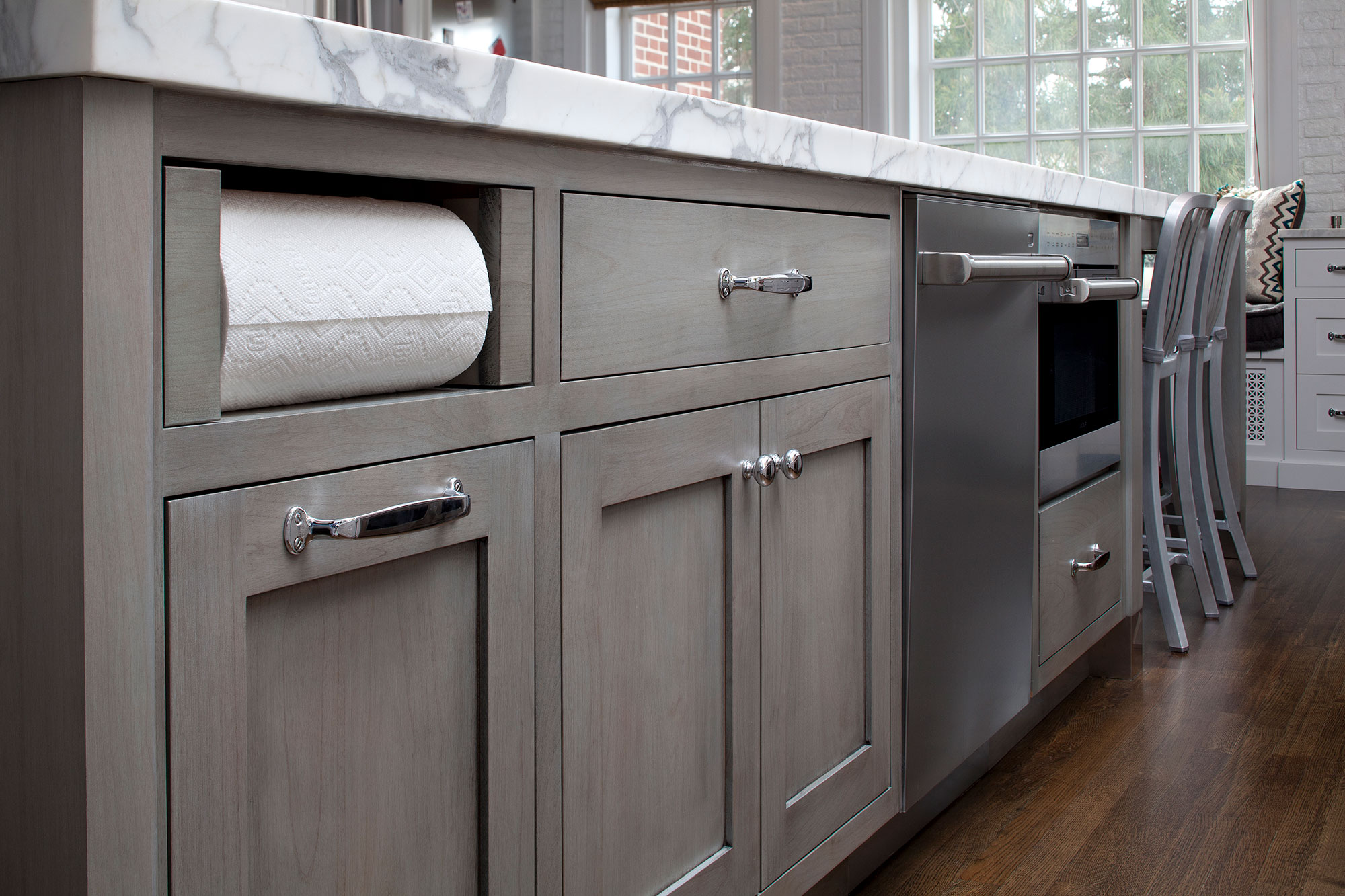Transtional White Kitchen with Grey Blue Stained Island