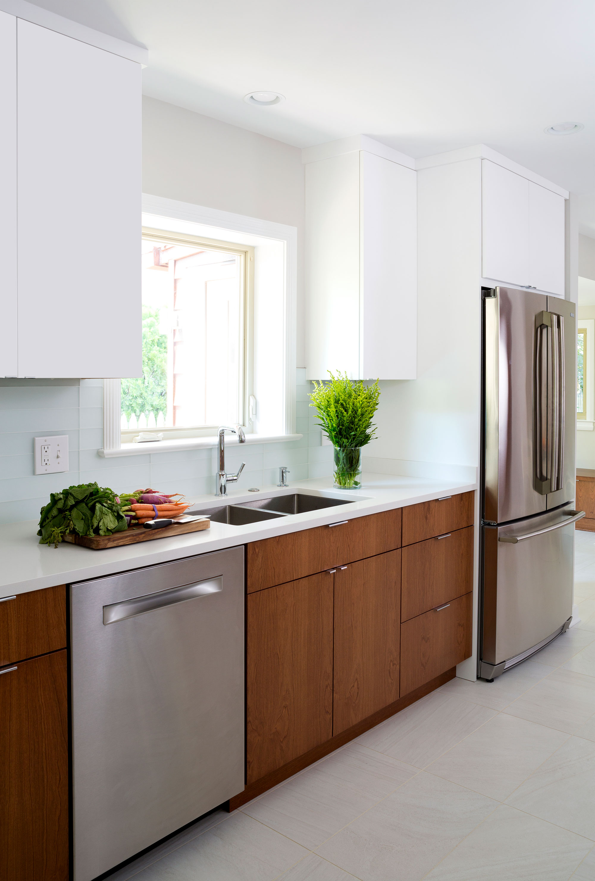 White and Cherry Wood Contemporary Kitchen