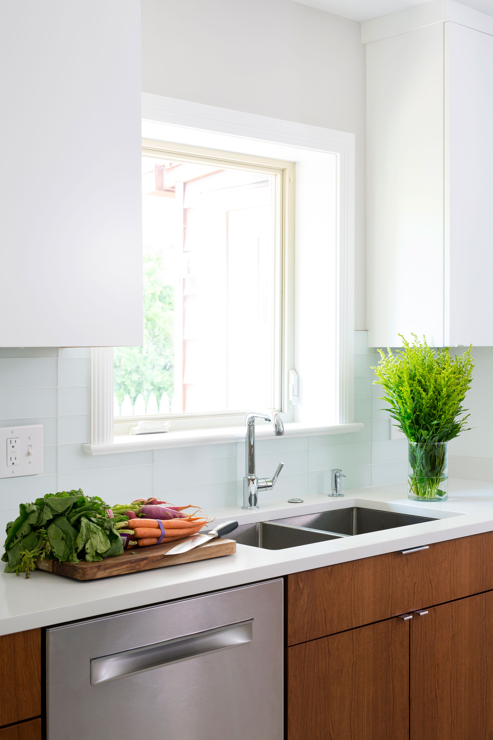 White and Cherry Wood Contemporary Kitchen