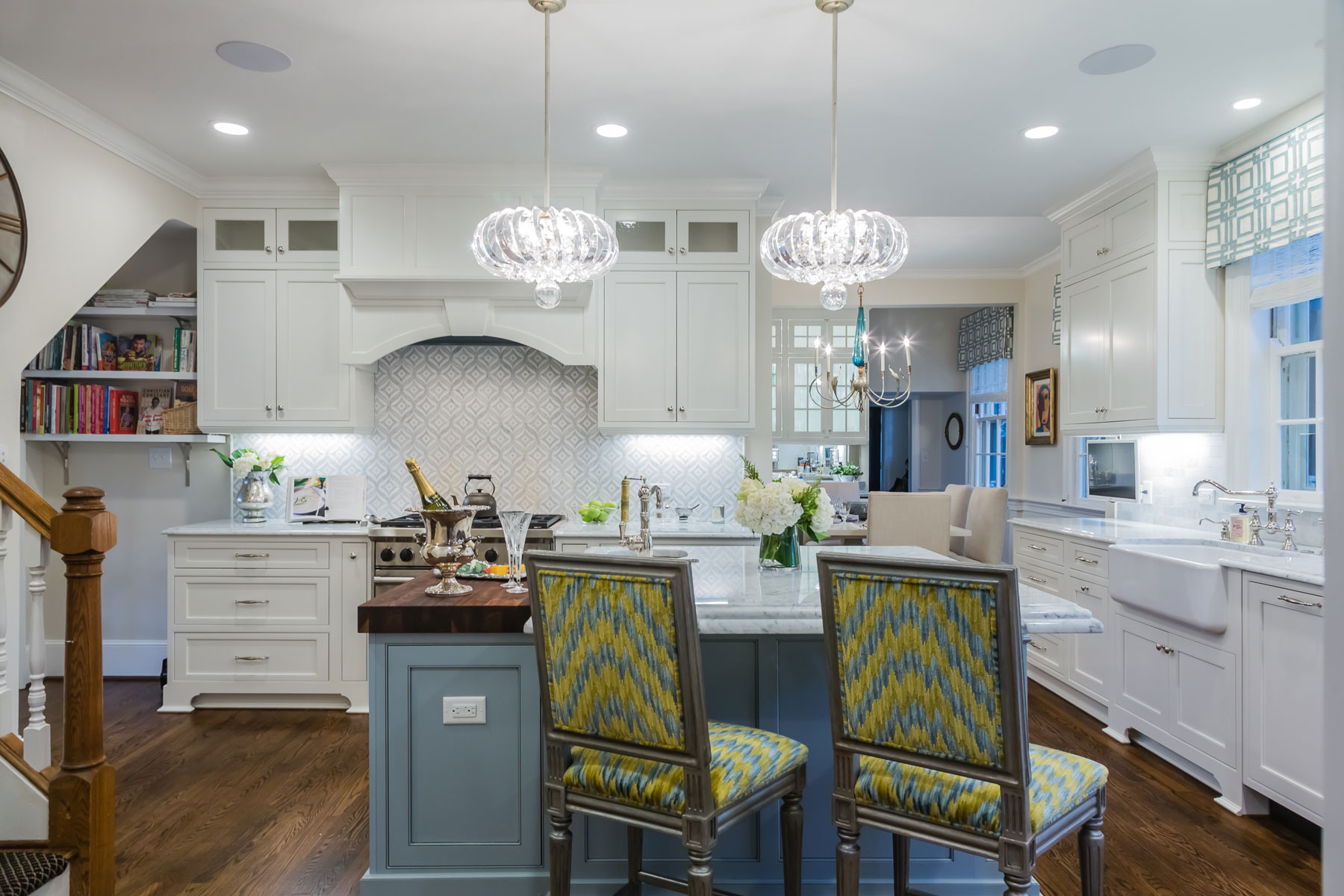 White Kitchen with Light Blue Painted Island