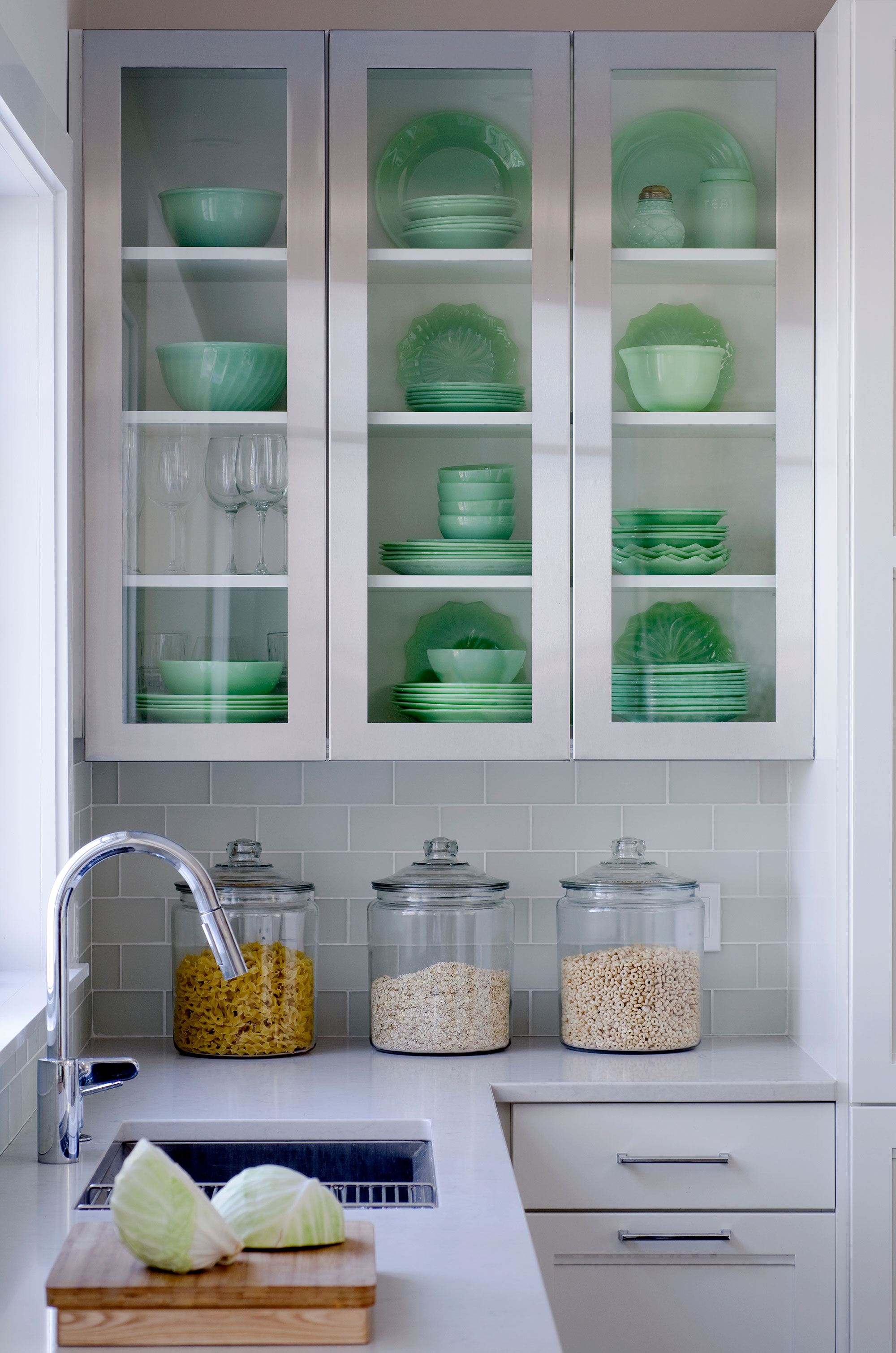 White Kitchen with Metal Accent Doors