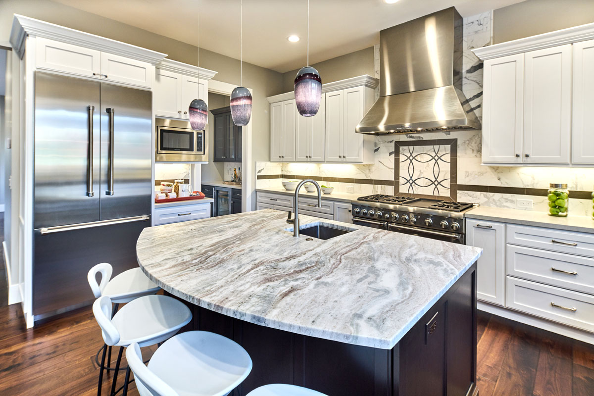 White Traditional Kitchen with Woodland Island